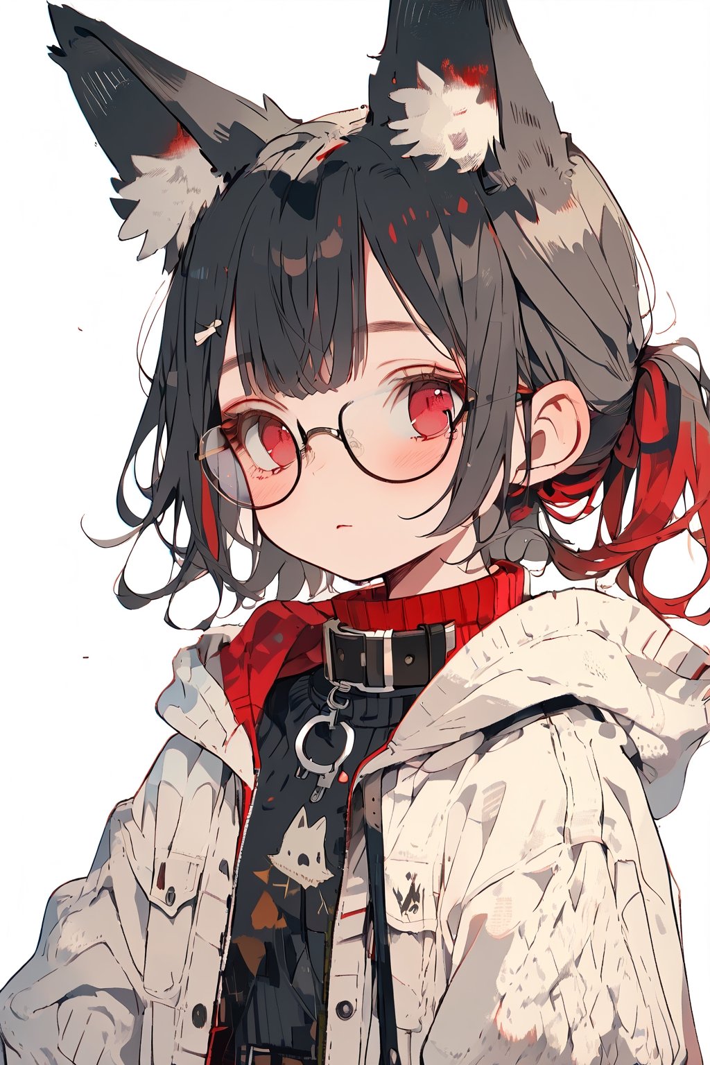 //quality, (masterpiece:1.331), (detailed), ((,best quality,)),//, comic,/,1girl,solo,cute,loli,//,(black fox ears:1.331),animal ear fluff,hairstyle, (black hair:1.21),(red hair1.1),(colored inner hair:1.331),(short ponytail:1.1),sidelocks,detailed eyes, ((red eyes:1.3)),(bags_under_eyes:1.4),(glasses:1.3),(,flat_breasts,)//,fashion,hood,cat_collar,//, sleepy,//,looking_at_camera,upper_body,(straight-on:1.331),//,emo,cute knight