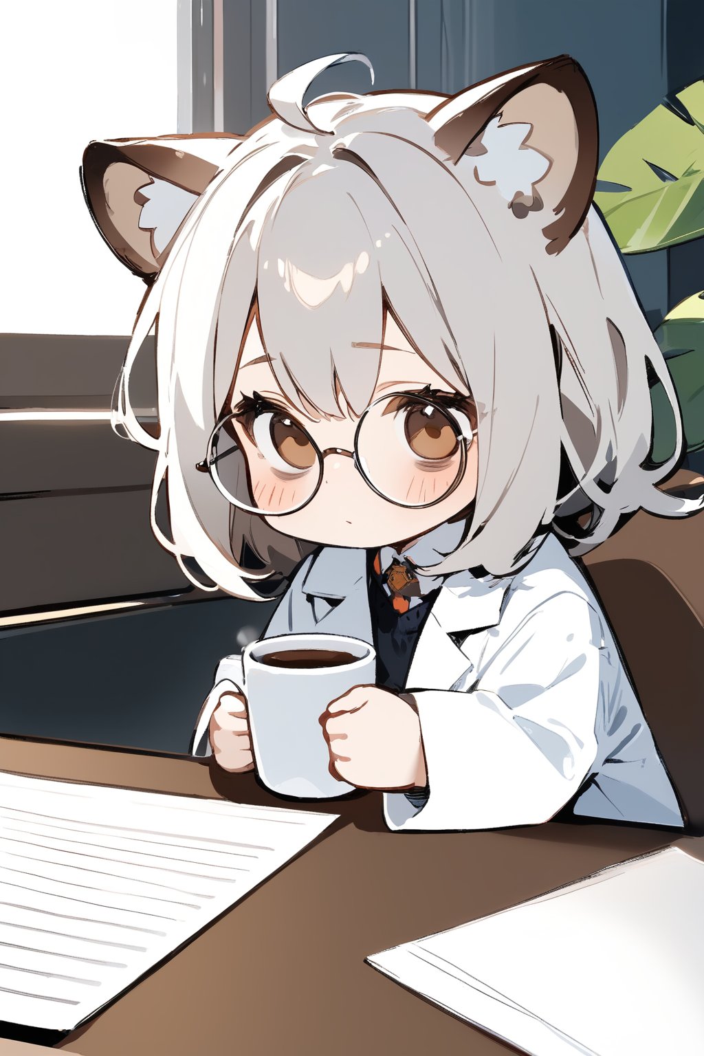 //quality, masterpiece:1.4, detailed:1.4,best quality:1.4,//,1girl,solo,//,raccoon girl,gray hair, messy hair, medium hair, brown eyes,detailed eyes,//,hair_accessories,accessories,(round glasses),scientist,white lab coat,//,blush,sleepy,(bags under eyes),//,sitting, drinking hot coffee,//,indoor,desk, chair,office,leaf,plant,Deformed,