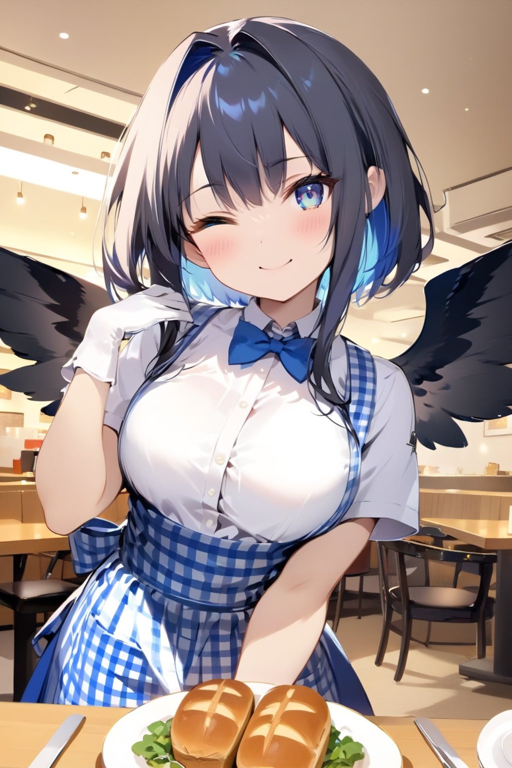 //quality, masterpiece:1.4, detailed:1.4, ,best quality:1.4,//,1girl, waitress,//,black_hair,hair intakes,short hair with long locks,blue inner hair, detailed eyes, glowing eyes, darkblue eyes,large chest,(black wings),big wings,wings focus,feather_wings, detailed wings,//, high-waist skirt, employee uniform, gingham apron, blue apron, blue skirt, short sleeves, white shirt, blue bowtie,blue bow,white gloves,//,blush, smile,looking_at_viewer,head_tilt,wince,winking,;),//,dishes of bread,holding dishes of bread, (straight-on),//,vibrant colors,Colorful art,KRU, indoors,restaurant, table, ceiling, lights, cup,ink paint,pov,