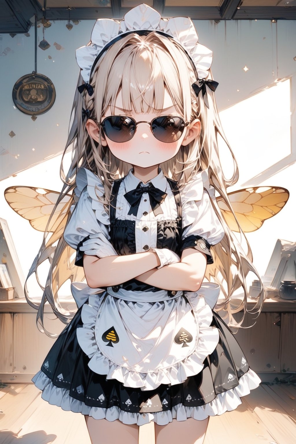 //quality, masterpiece:1.4, detailed:1.4, best quality:1.4,//,1girl,solo,loli,//,(yellow hair),(long hair),blunt bangs,//,(bee_wings), (sunglasses),(spades_symbols),bow,maid headband, white maid_costume, white gloves,//,blush,closed_mouth,angry,//,standing,arms_crossed,//,indoors,bees,room,cowboy_shot,Deformed,agtsg, straight-on 