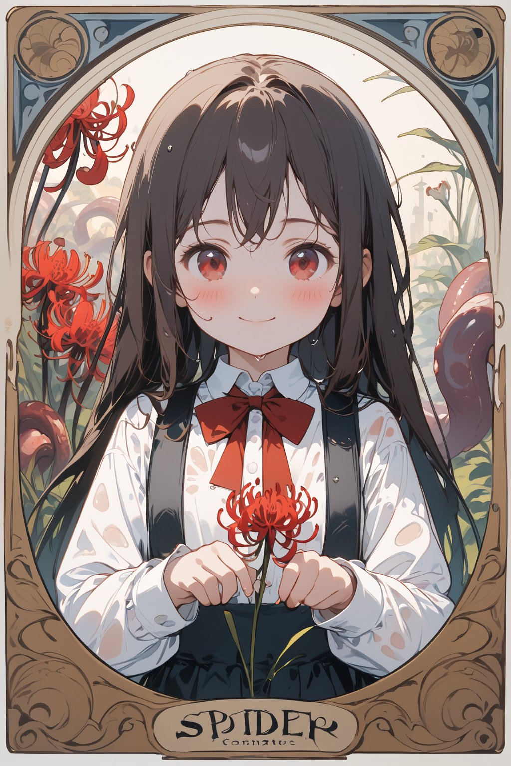 //quality, masterpiece:1.4, detailed:1.4,best quality:1.4,//,1girl,solo,(loli),//, black_hair,long hair,bangs,sidelocks,straight_hair,red_eyes,//,black suspender dress,white shirt,red bow,long_sleeves,black shoes,(wet),wet hair,wet clothes, (tentacles),hair_tentacles,lots of tentacles,surrounding by tentacles,//,closed_mouth,blush,smile,//,tentacles around body,(holding flower,spider_lily),//,symmetry,daybreak,perfect lighting,spider_lily_(flower),(garden),horror,eldritch_abomination,close_up portrait,straight-on,illustration,art nouveau
