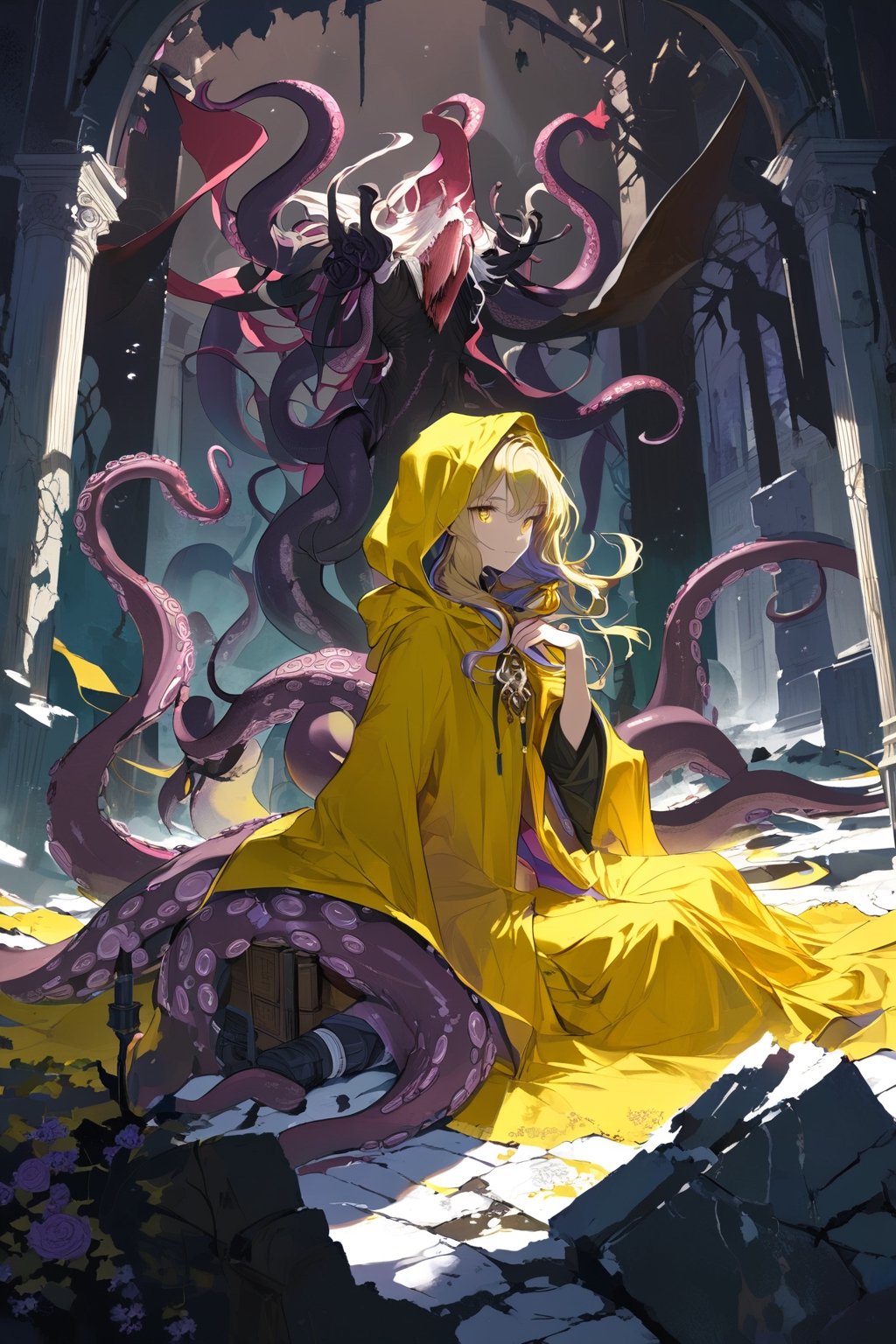 //quality, (masterpiece:1.4), (detailed), ((,best quality,)),//,(cowboy_shot:1.2),//,1girl,//,long hair,bangs, blonde hair,eye shadow, beautiful detailed eyes,flower-shaped pupils,//,long wide sleeves, yellow hood, yellow cloak, hood up, yellow robe,yellow dress,//,light smiling,facing_viewer,//,sitting,//,candle:1.2, (ruins), Tyndall effect,hallucination,fear,thriller,Cthulhu creature,(Cthulhu:1.3), evil:1.2,eldritch abomination, (tentacles:1.3), bubble, scylla, aliasing, hell,vine, dark, dark background, scenery,//,artint