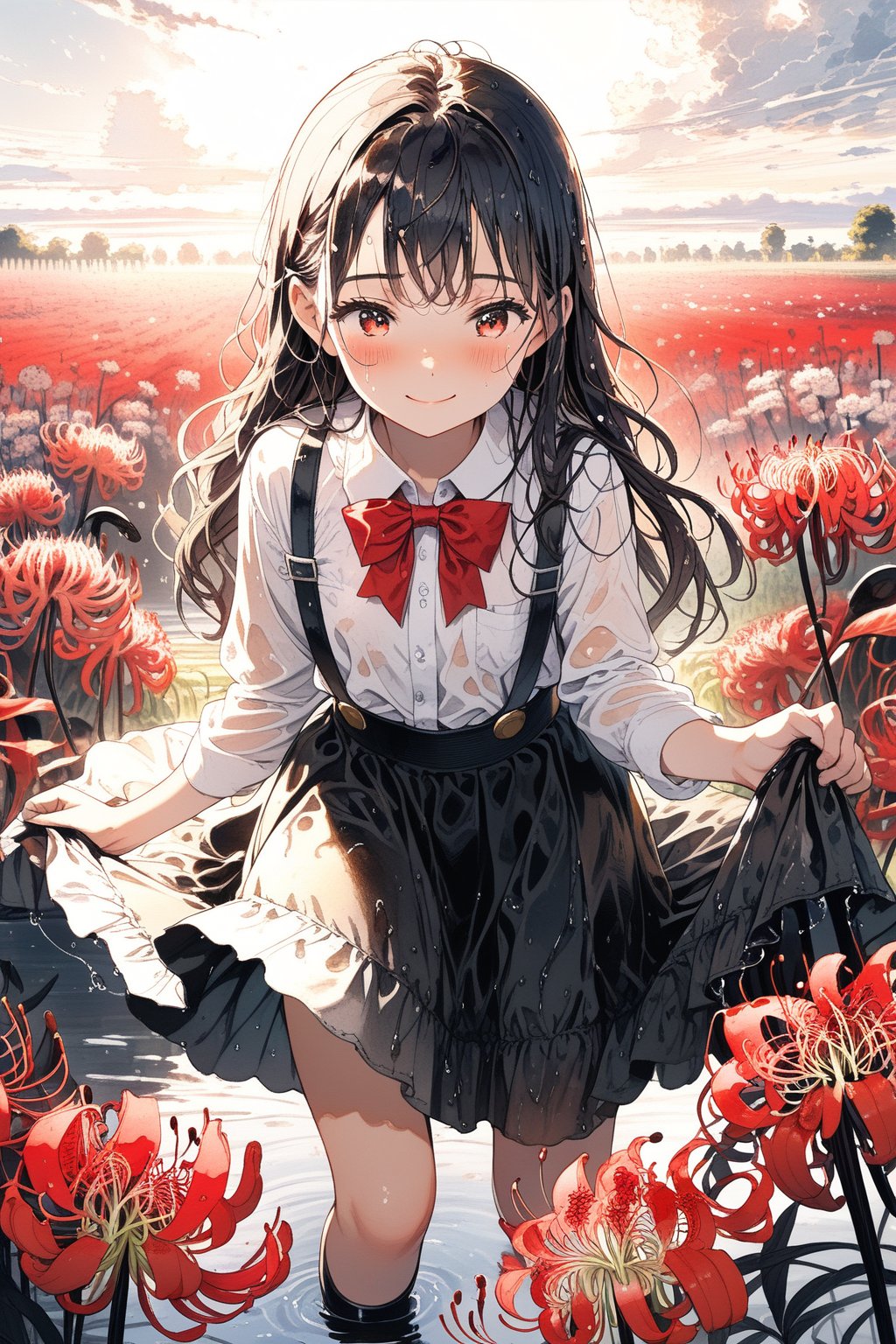 //quality, masterpiece:1.4, detailed:1.4,best quality:1.4,//,1girl,solo,(loli),//, black_hair,long hair,straight_hair,(red_eyes),//,(black suspender dress),(white shirt),red bow,long_sleeves,black shoes,(wet),wet hair,wet clothes,//,closed_mouth,sad_face,glommy face,blush,smile,leaning_forward,//,(hands holding flower,spider_lily),//,daybreak,cloudy,perfect lighting, spider_lily_(flower),(garden),(pov,pov hand holding flowers),straight-on,cowboy_shot
