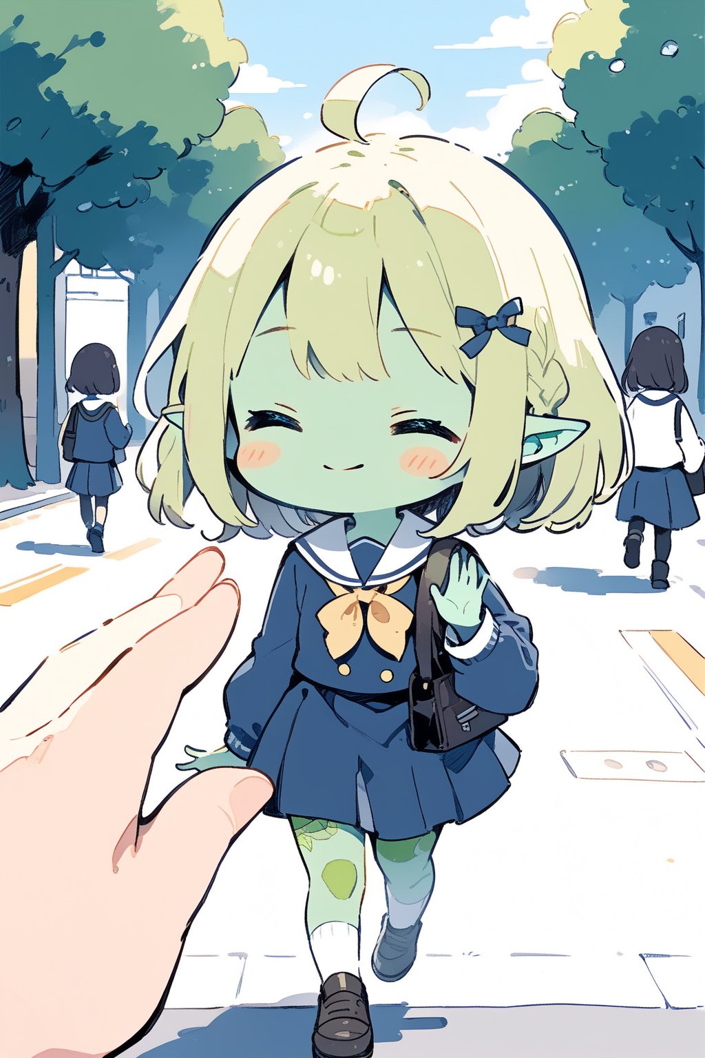 //quality, masterpiece:1.4, detailed:1.4,best quality:1.4,//,(doodle style),//,goblin,pointed_ears,(((green skin))),1girl,loli,ahoge,green hairs, medium_hair, straight_hair,(closed_eyes),//,darkblue school_uniform,schoolbag,tattoo,//, closed_mouth, waving 
habd ,smile,walking,facing_viewer, //,school road,trees,Japanese road,cute comic,doodleredm,school_girls,blue_sky,crowded street ,blurry_background, chibi,BREAK,(pov,pov girl hand, pov hand waving )