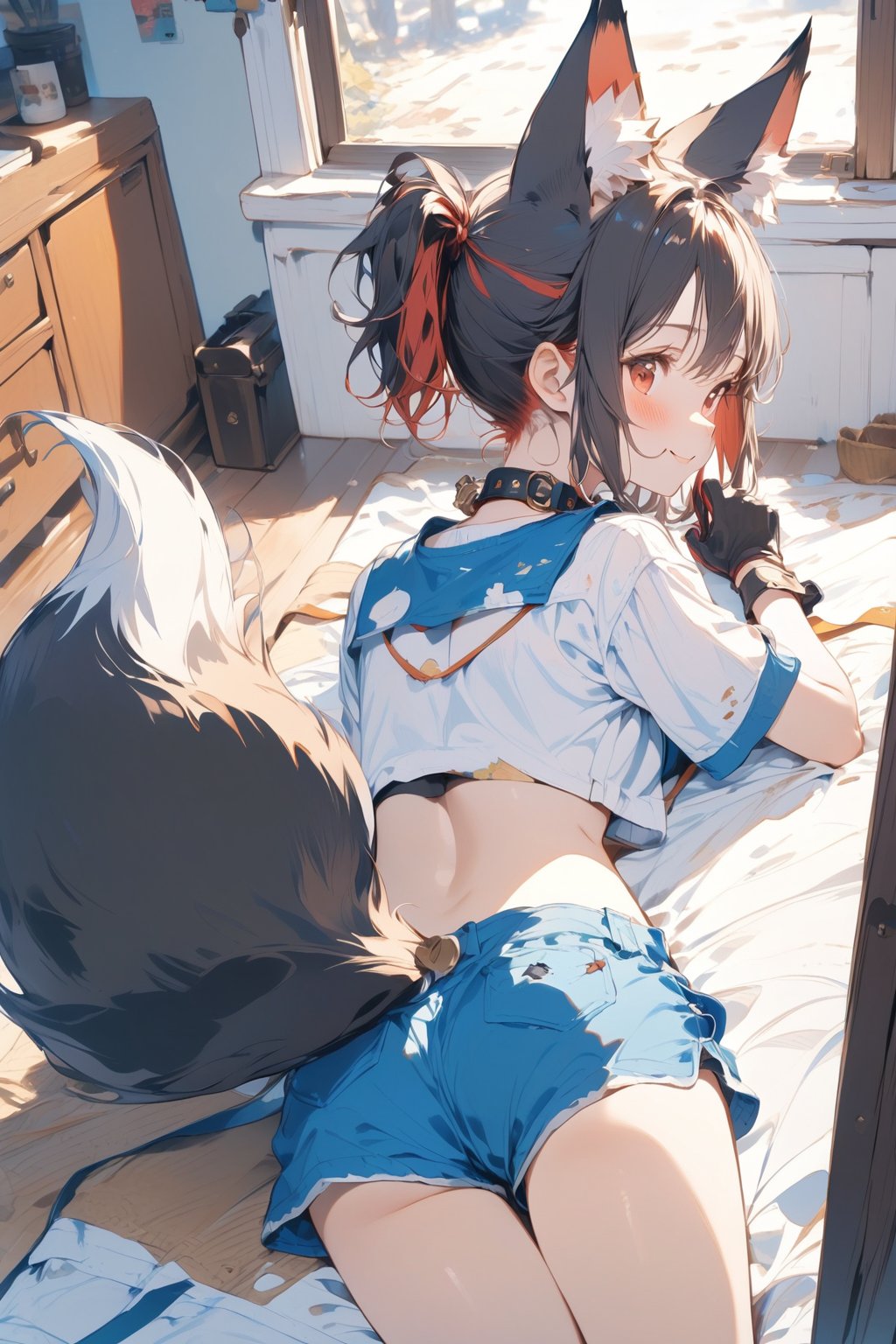 //quality, masterpiece:1.4, detailed:1.4, ,best quality:1.4, //, 1girl,solo,Tekeli,//,black fox ears,animal ear fluff,black fox tail,black hair,red inner hair,(short ponytail),sidelocks,red eyes,//,fashion,(adventure costume),cat_collar,(camouflage),short_sleeves,fox patterns,blue mini shorts, gloves,//,blush,smile,(face down),lying on bed,(on stomach),thumbs_up,//,indoors,bedroom,bed,from_behind,from_above,scenery