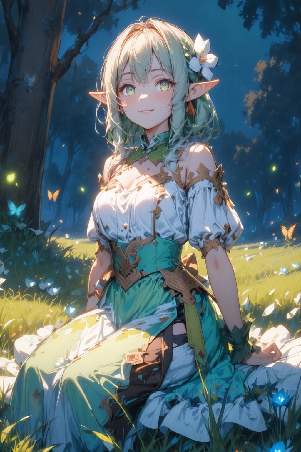 //quality, (masterpiece:1.4), (detailed), ((,best quality,))//,1girl,(elf:1.3),//,light_green_hair,hair_flowers,beautiful detailed eyes,glowing eyes,(green eyes:1.2),//,ethereal clothes,//,light smile,//, sitting on grassland,//, forest, flowers, (firefly:1.3) ,glow,(night:1.21),scenery