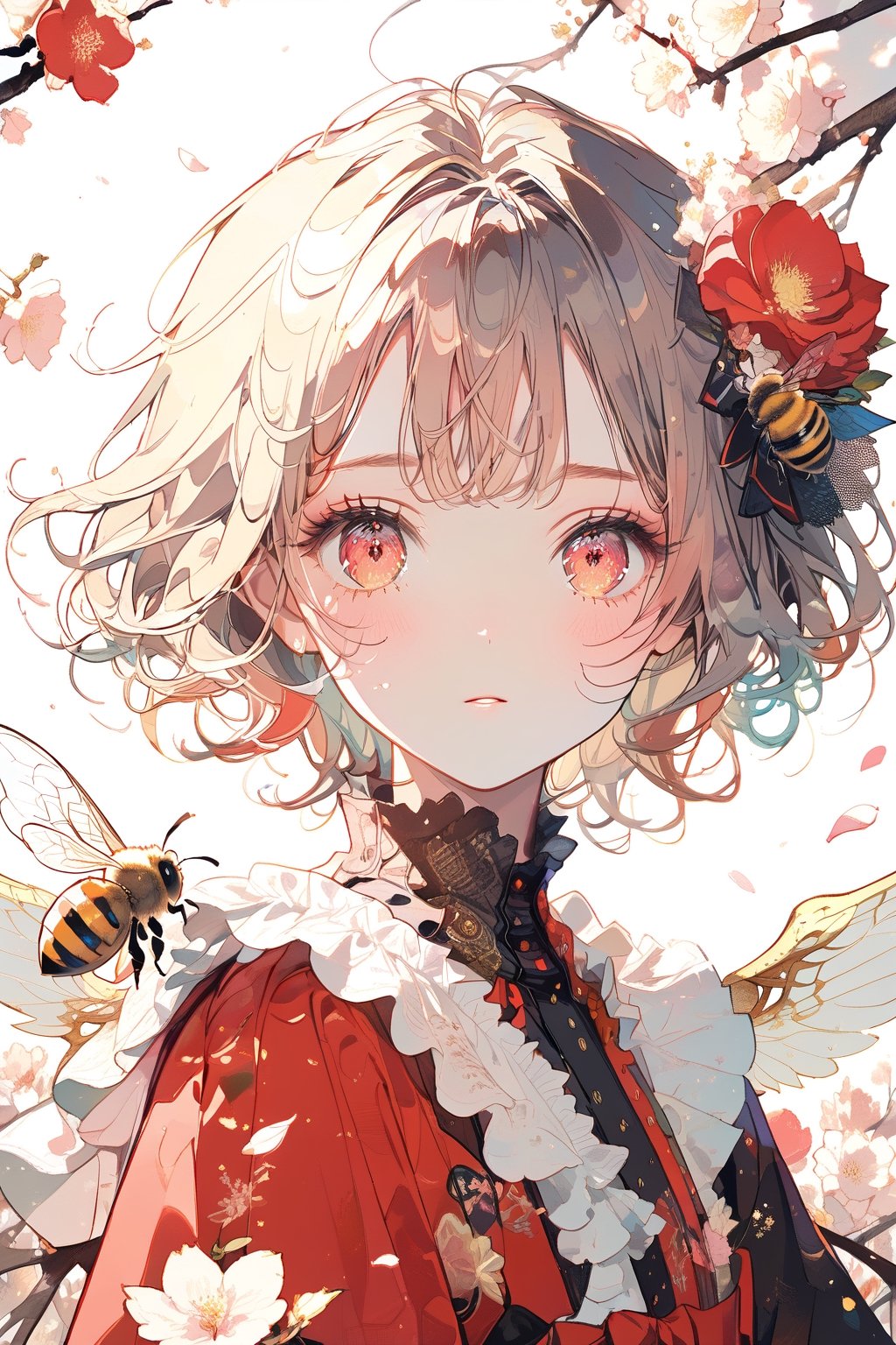//quality, (masterpiece:1.4), (detailed), ((,best quality,)),//, cloes-up portrait,1girl,solo,loli,bee_girl,//, red hair, short hair,antenna_hair,sidelocks,hair_flowers, beautiful detailed eyes,glowing eyes,red eyes,//,(sparking bee_wings:1.3),red_dress,
,//, blush,expressionless,looking_at_viewer, first-person_view,//,,//, scenery, outdoors, flower_petals,flying_petals, flowers petals floating in air,((bees)), (straight-on:1.3),//,emo,aesthetic