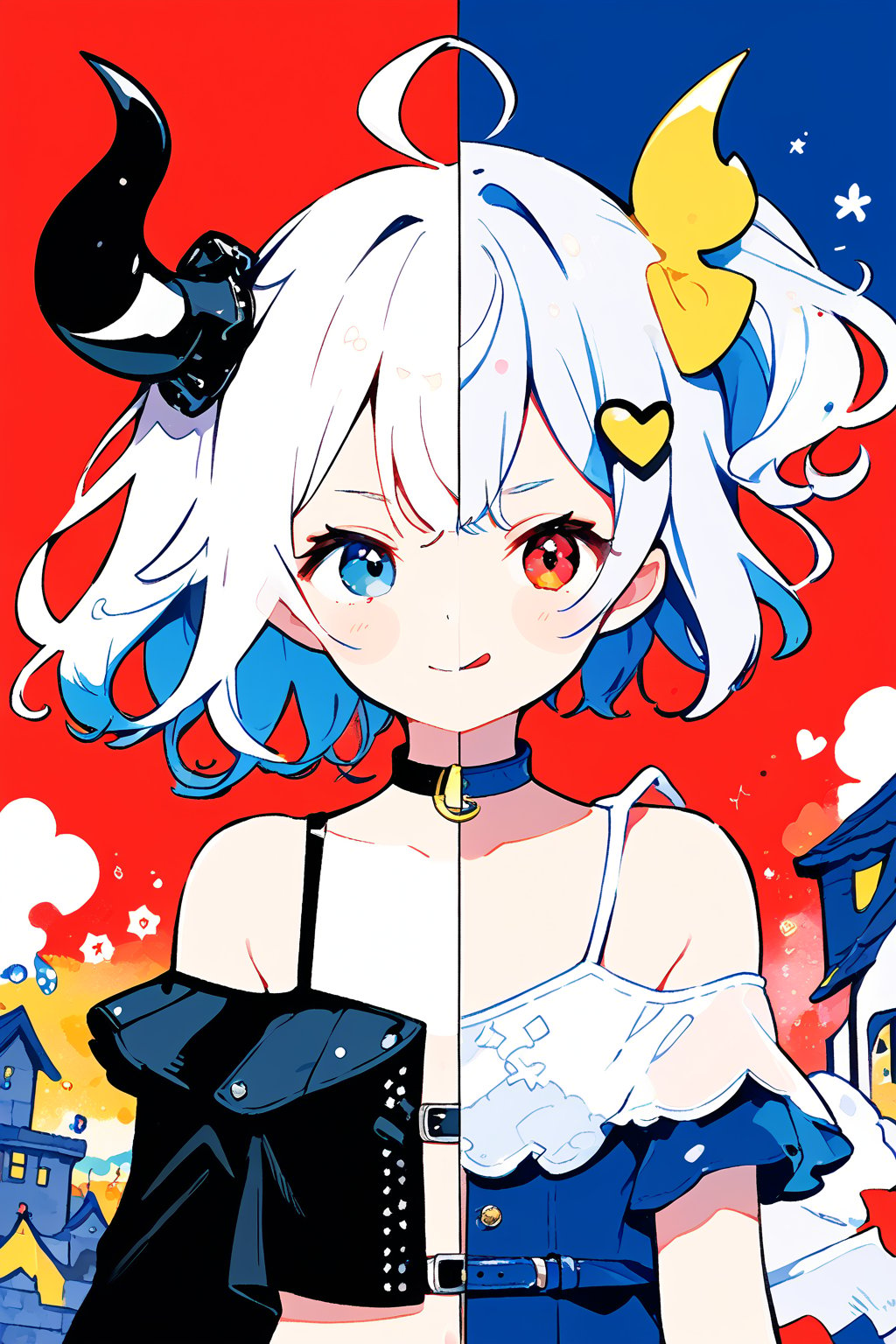 Σ(*ﾟдﾟﾉ)ﾉ TensorArt-chan//quality, masterpiece:1.4, detailed:1.4, best quality:1.4,//, split screen,puzzle,(SplitScreen),upper body,splitscreen of devil and angel,red and blue puzzle,puzzle background,colorful background,Colorful art,close-up portrait,//,1girl,solo,loli,//,(short twintails),(white hair),(blue inner hair),ahoge,hair_accessories,beautiful detailed eyes,glowing eyes,blue eye,navel,off-shoulder,collarbones,//,fashion,white crop top,long sleeves,white gloves,blue skirt//,happy,smile,mouth closed,blush,looking at viewer,cute comic,BREAK,1girl,solo,loli,//,(short twintails),two side up,(white hair),(blue inner hair),ahoge,devil horns,hair_accessories,beautiful detailed eyes,glowing eyes,red eye,((heterochromia)),navel,//,fashion,white crop top,white shirt,gloves,belt,blue skirt,//,evil smile,naughty_face,tongue out,blush,smirk,looking at viewer,//,(((top wear with title text read as "TENSORART"))),BREAK