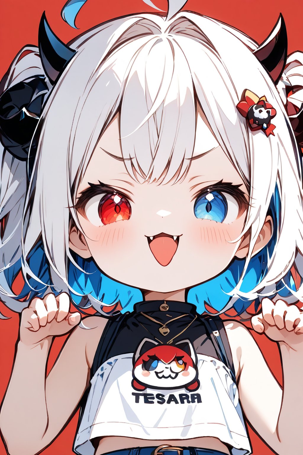 Σ(*ﾟдﾟﾉ)ﾉ The TensorArt-chan//,quality, masterpiece:1.4, detailed:1.4, best quality:1.4,//,1girl,solo,loli,cute,//,(short twintails),two side up,(white hair),(blue inner hair),ahoge,(devil horns),hair_accessories,beautiful detailed eyes,glowing eyes,(blue eye),red eye,((heterochromia)),navel,//,fashion,white crop top,white shirt,sleeveless_shirt,gloves,belt,blue skirt,//,evil smile,naughty_face,blush,smirk,frowning,cute_fangs,(tongue out),looking at viewer,looking down,//,(hands_up),(claw pose),paw pose, straight-on,//,red_background,simple_background,close up portrait,upper_body,stickers,outline ,Deformed,sticker,chibi,chibi style,((Chibi character)),top wear with title text read as "TENSORART"