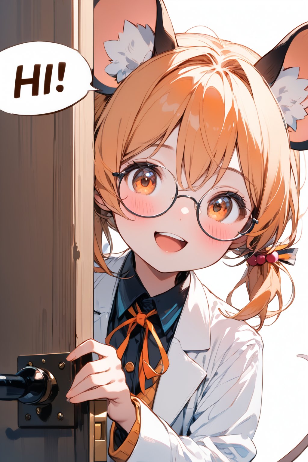 //quality, masterpiece:1.4, detailed:1.4,best quality:1.4,//,1girl,solo,loli,//,mouse_ears,mouse_tail, animal ear fluff,orange_hair,short ponytail,sidelocks,orange_eyes,detailed eyes,//,hair_accessories,ribbons,round glasses,white lab coat,sweater,pleated skirt,//,blush,smile, mouth_open,upper_teeth,looking_dowm,looking_at_viewer,//,close up portrait,opening door,//,indoor, straight,peeking out upper body, peeking out behind wood door,low_angle,(((spoken words with Text "HI!")))