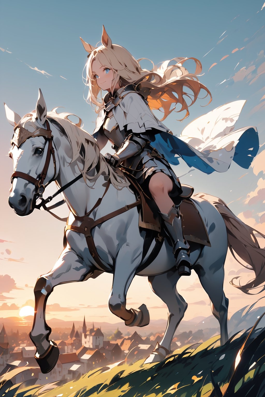 //quality, (masterpiece:1.331), (detailed), ((,best quality,)),//,(1girl),royal knight,(horse_girl:1.3),//,(blonde_hair:1.3),hairstyle, long hair, ((,single braid,)),(horse_ears:1.2),(horse_tail:1.2), detailed eyes, blue_eyes,//,(detailed white armor:1.1),armored dress,(white cloak),black pantyhose//, smile, serious,//, (white horse, riding white horse:1.4),((open_hand,hand_raised)),//,(sunset:1.4), town ,scenery,(from_behind:1.2),