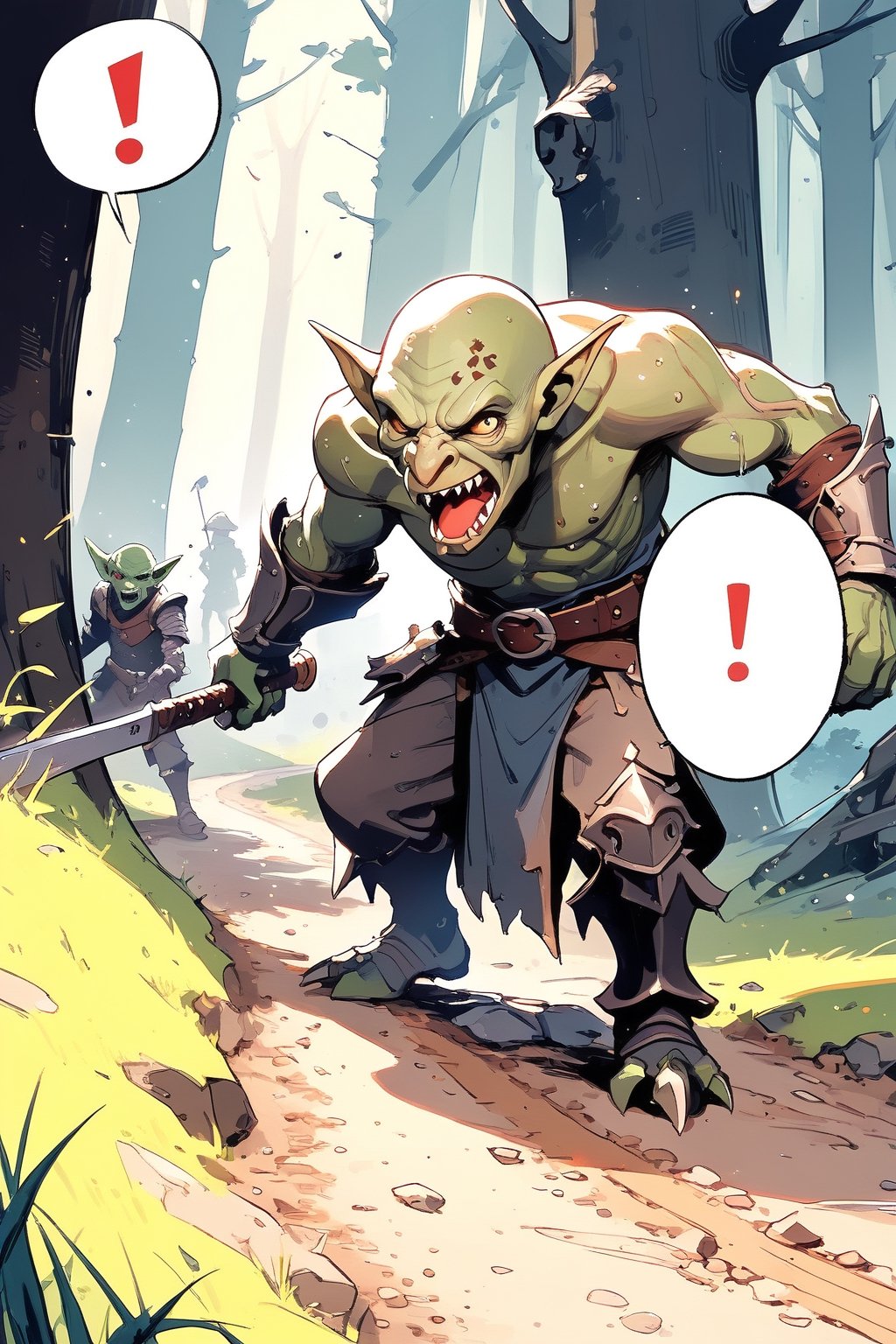 //quality, (masterpiece:1.331), (detailed), ((,best quality,)),//,multiple_boys,goblin,evil goblin,armored,(mouth_open,fangs,shocking,sweating),(looking_back:1.2),(holding weapon),(((speech_bubble,exclamation_mark,!,!!,!!!))),(forest,trees,dirt road,grass),Europe medieval, fantasy,