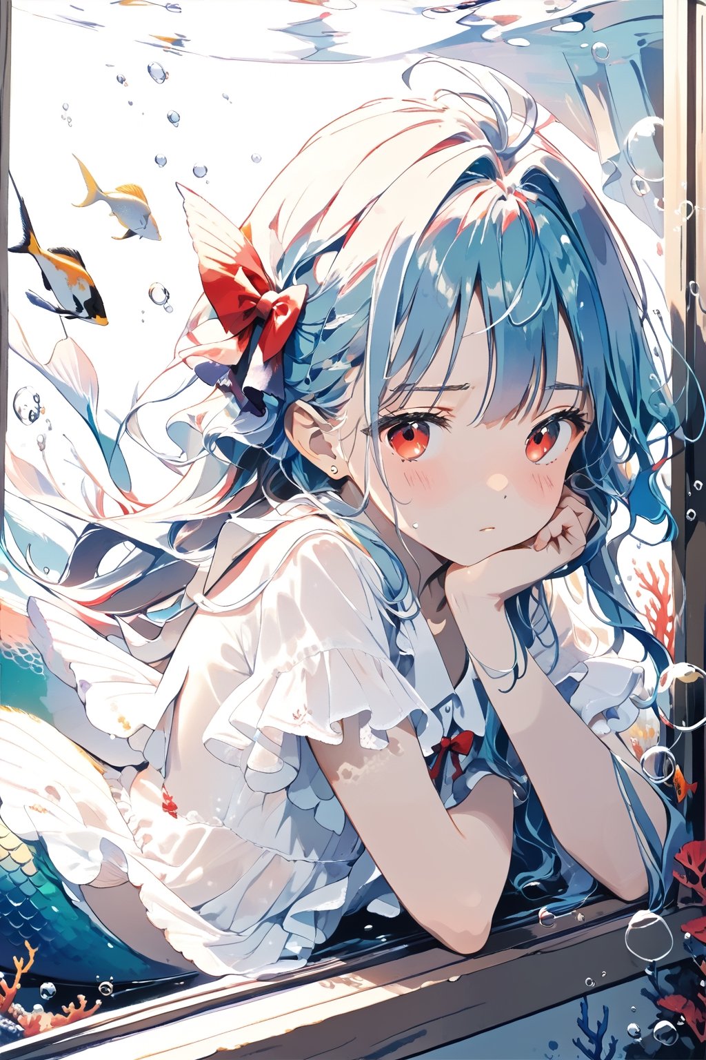 //quality, (masterpiece:1.4), (detailed), ((,best quality,)),//1girl,(mermaid:1.4),(loli:1.3), child,cute,//,(blue_hair:1.3),ahoge,floating_hair,detailed_eyes,(red eyes:1.2),//,(bows,frilled_dress),pajamas,//,blush,furrowed brow,sad,gloom,:(,//,(hands resting on window frame:1.2),head rest,//,window, underwater,(fish:1.2), bubbles,close_up portrait,(from outside window :1.4)