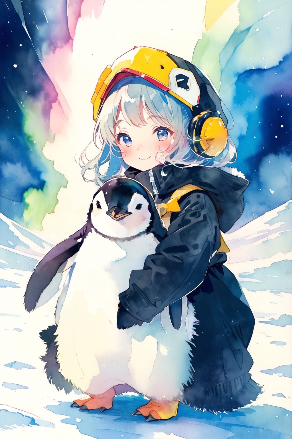 //quality, (masterpiece:1.331), (detailed), ((,best quality,)),//,close_up portrait of girl,1girl,(loli:1.1),//,white hair,detailed eyes,//,(penguin costume:1.3),(black|white penguin hood:1.4),(hood_up:1.1),long_sleeve, gloves,(black pantyhose:1.1), yellow boots,//,blush, happy_face,smile,//,(penguins:1.3),(hugging penguin:1.3),facing_viewer,//, ,ice,ice land,night, starry_night, (aurora:1.3),ice and snow,Penguin ,Bird ,Animal ,fluffy fur,aesthetic,watercolor \(medium\)