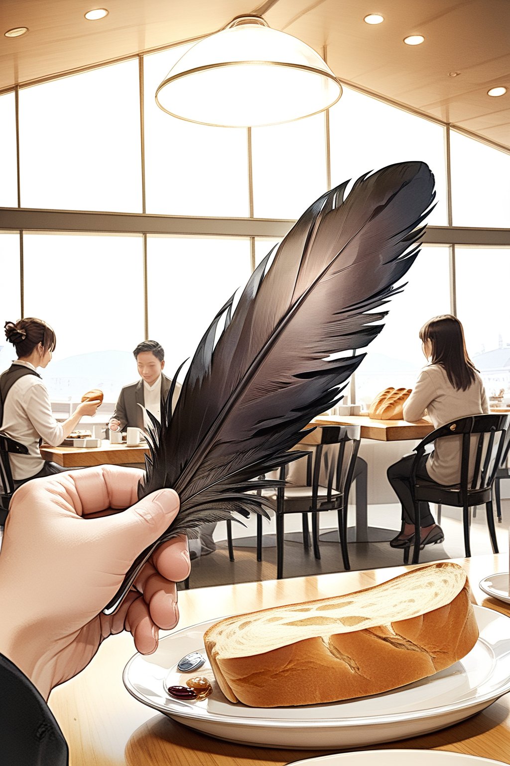 //quality, masterpiece:1.4, detailed:1.4, ,best quality:1.4,//,(no humans),a dish of bread on table,black feather, focus on black feather, detailed feather,pov,pov hand holding feathers, detailed bread, modern restaurant,chairs, table, cup of coffee,KRU, indoors, blurry_background 