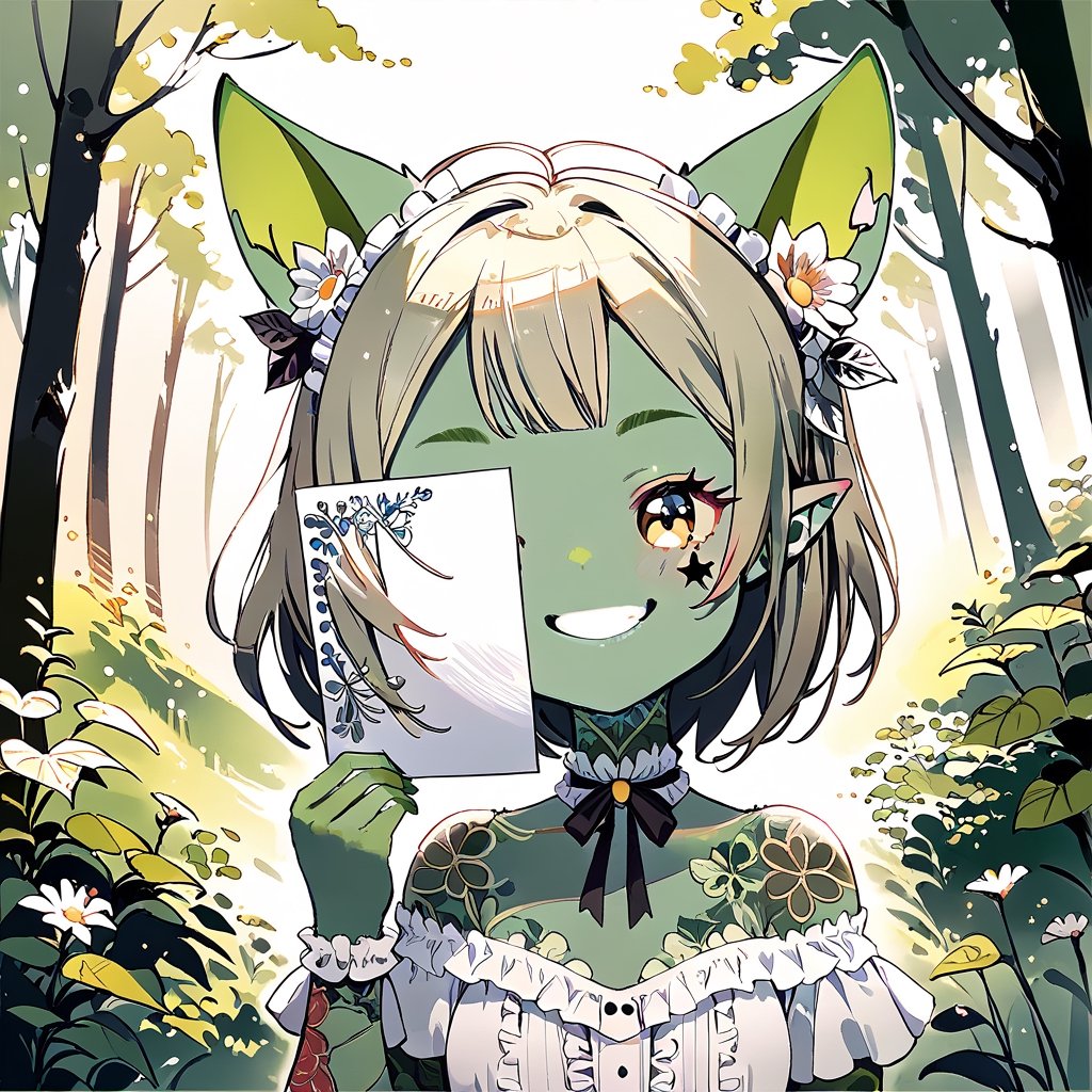 //quality, (masterpiece:1.4), (detailed), ((,best quality,)),//1girl,//,(goblin_ears:1.3),(green skin:1.4), medium_hair, straight_hair,//, lolita,//, smile,//,holding paper,//, forest,leaf, flowers, body tattoo, face tattoo ,PaperLikeFace