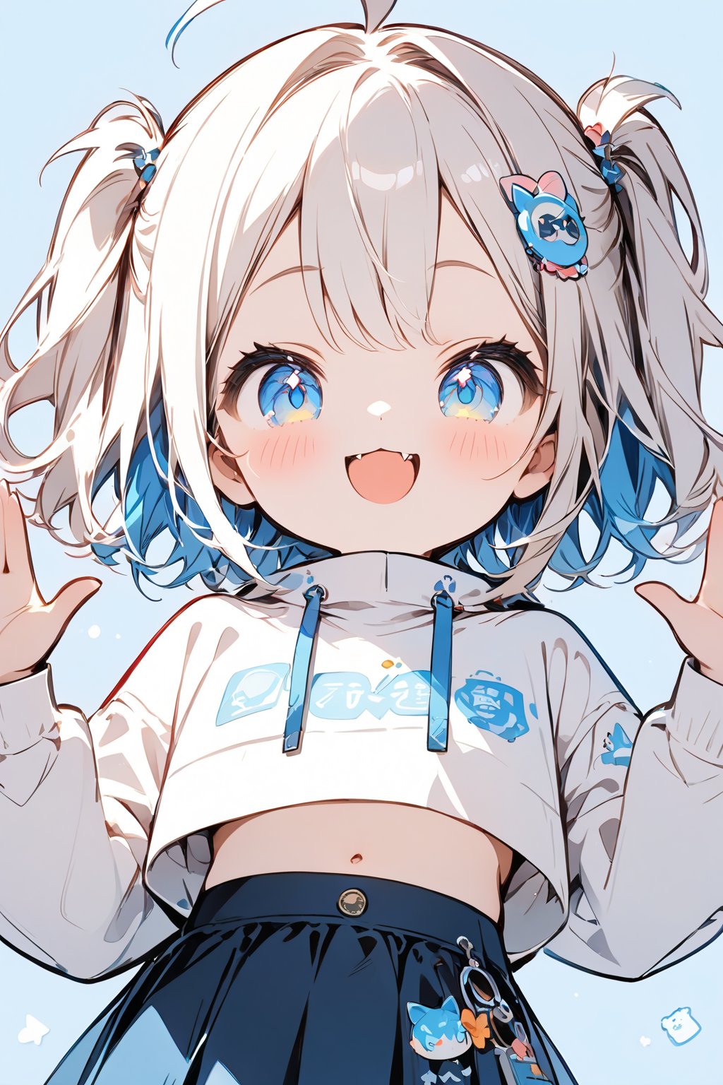 Σ(*ﾟдﾟﾉ)ﾉ The TensorArt-chan//,quality, masterpiece:1.4, detailed:1.4, best quality:1.4,//,1girl,solo,loli,cute,//,(short twintails),two side up,white hair,blue inner hair,ahoge,hair accessories,small chests,blue eyes,beautiful detailed eyes,glowing eyes,navel,//fashion,crop top,white top wear with logos,long sleeves,blue skirt,//,blush,smile,cute_fangs,looking at viewer, straight-on,hands_up,waving, dynamic pose,//,blue_background,simple_background,close up portrait,upper_body,stickers,outline ,Deformed,sticker,chibi,chibi style,((Chibi character)),top wear with title text read as "TENSORART"