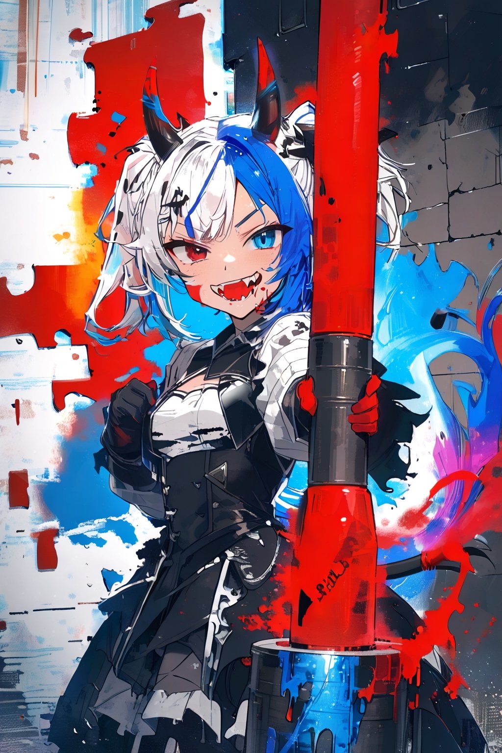 [Evil 😈TensorArt-chan:0.00]//quality, (masterpiece:1.331), (detailed), ((,best quality,)),//,//,1girl,solo,loli,//,(short twintails:1.331),(white hair:1.3),(blue hair:1.2),(colored inner hair:1.4),ahoge,glowing_hair,(demon horn:1.331),hair_accessories,(covered small_breasts:1.331), beautiful detailed eyes,glowing eyes,(blue eyes:1.21),(red eyes:1.1),(heterochromia:1.4),//,fashion,white jacket with logos,white crop top,blue bottom wear,red and blue gloves,(devil_tail:1.331),//,(,naughty_face:1.21),(smirk:1.331),(fangs,),facing at viewer,//,(((girl holds a huge red paint roller in her hands))),wall painting,(hands_up),,(wall:1.331),(back_against_wall),//(glitch effect: 1.331),(puzzle),straight-on,//,scenery,ink,cute knight