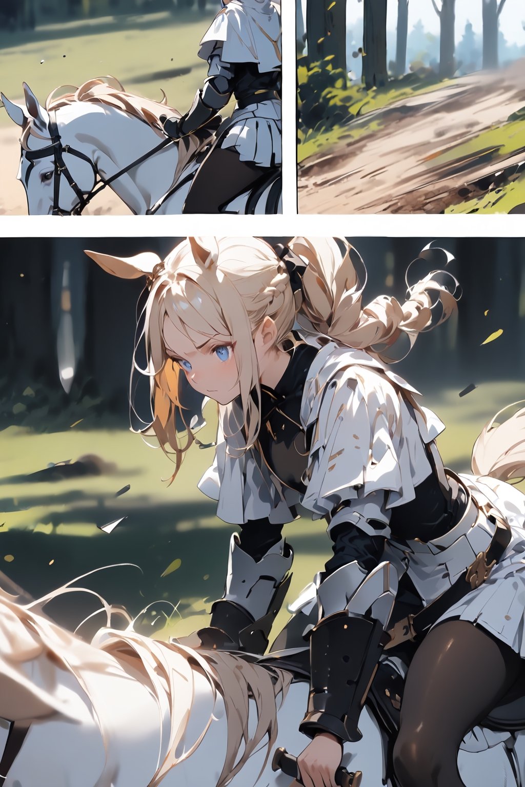 //quality, (masterpiece:1.331), (detailed), ((,best quality,)),//,(1girl),royal knight,(horse_girl:1.3),//,(blonde_hair:1.3),hairstyle, long hair, ((,single braid,)),(horse_ears:1.2),(horse_tail:1.2),detailed eyes, blue eyes,//,(detailed white armor:1.1),armored dress,(white cloak),puffy sleeves,belt,black pantyhose,//,serious,angry,closed_mouth,//,,(comic),(multiple view of girl riding white horse:1.4),leaning forward,//,blurry background,forest,trees,dirt,(motion_blur:1.4),wind effect,(from_side:1.2),