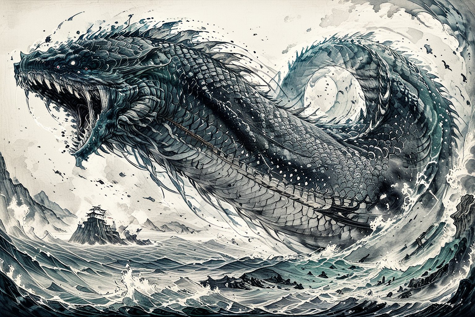 //quality, masterpiece:1.4, detailed:1.4,best quality:1.4,//,horror, terrible,giant sea monster,leviathan a sea monster,fangs,deep sea,dark sea,wide shot,no humans,scenery,ink,ink smike background, Chinese ink art