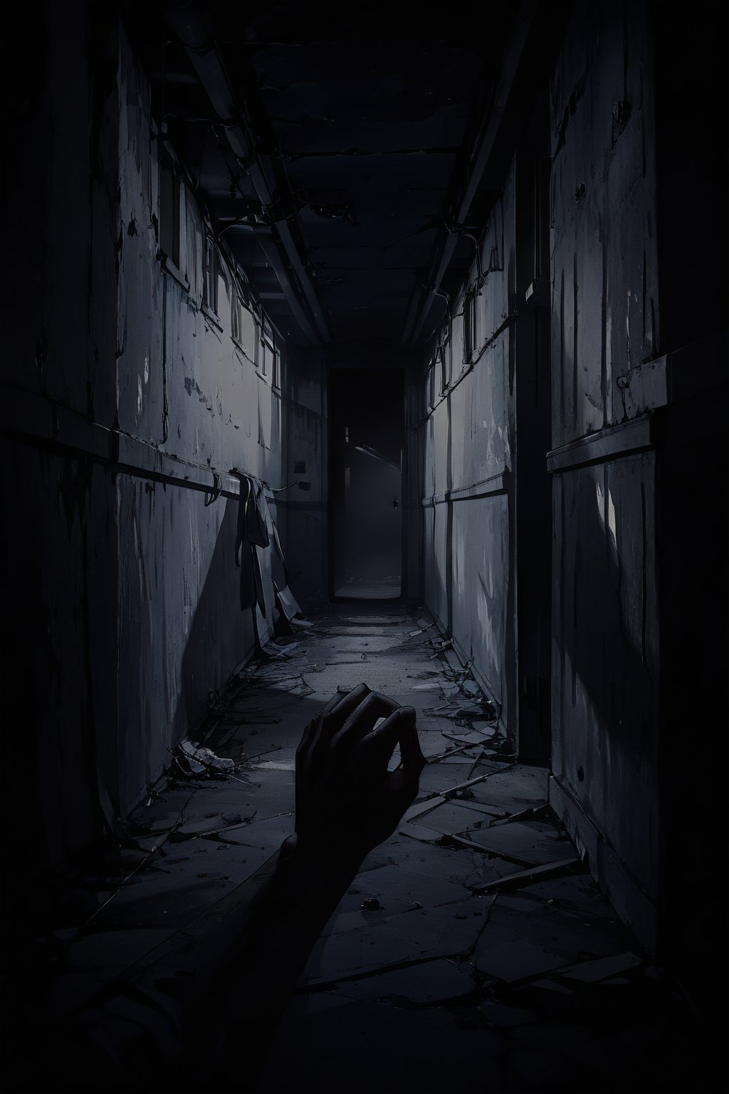 //quality, (masterpiece:1.331), (detailed), ((,best quality,)),//,(,first-person_view,pov hand on wall:1.3),dimly lit hallway,(abandoned and dirty hallway:1.3),night,dark background,dark anime,creepy, horror