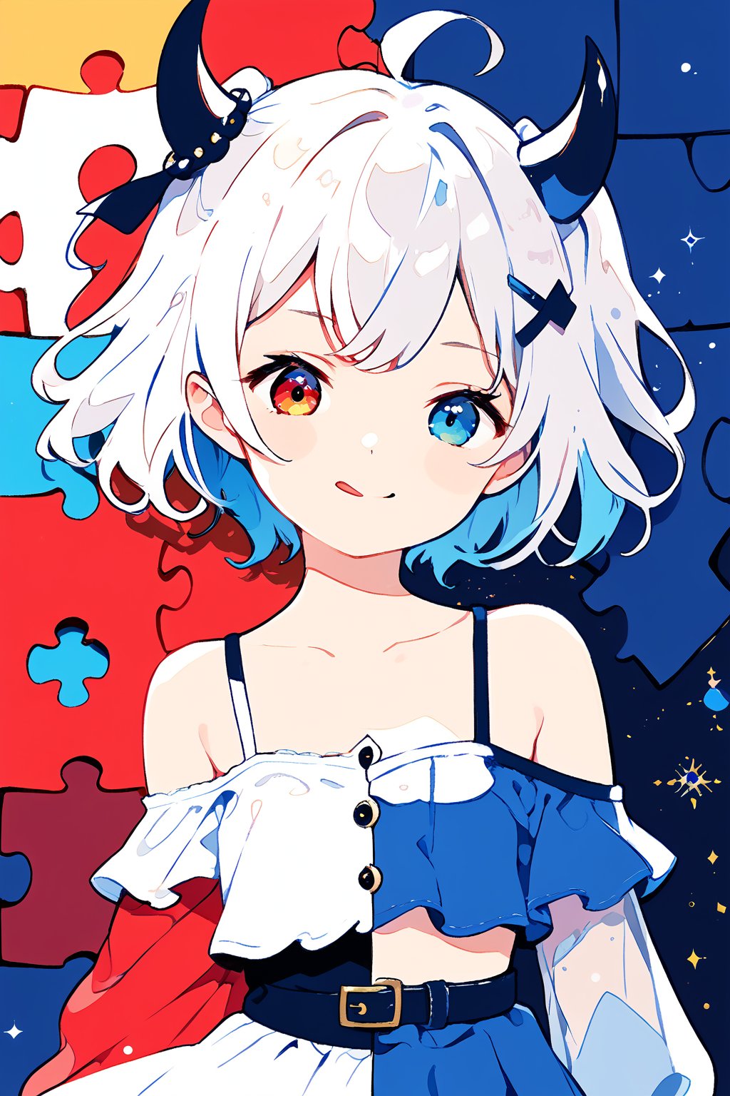 Σ(*ﾟдﾟﾉ)ﾉ TensorArt-chan//quality, masterpiece:1.4, detailed:1.4, best quality:1.4,//, split screen,puzzle,(SplitScreen),upper body,splitscreen of devil and angel,red and blue puzzle,puzzle background,colorful background,Colorful art,close-up portrait,//,1girl,solo,loli,//,(short twintails),(white hair),(blue inner hair),ahoge,hair_accessories,beautiful detailed eyes,glowing eyes,blue eye,navel,off-shoulder,collarbones,//,fashion,white crop top,long sleeves,white gloves,blue skirt//,happy,smile,mouth closed,blush,looking at viewer,cute comic,BREAK,1girl,solo,loli,//,(short twintails),two side up,(white hair),(blue inner hair),ahoge,devil horns,hair_accessories,beautiful detailed eyes,glowing eyes,red eye,((heterochromia)),navel,//,fashion,white crop top,white shirt,gloves,belt,blue skirt,//,evil smile,naughty_face,tongue out,blush,smirk,looking at viewer,//,(((top wear with title text read as "TENSORART"))),BREAK