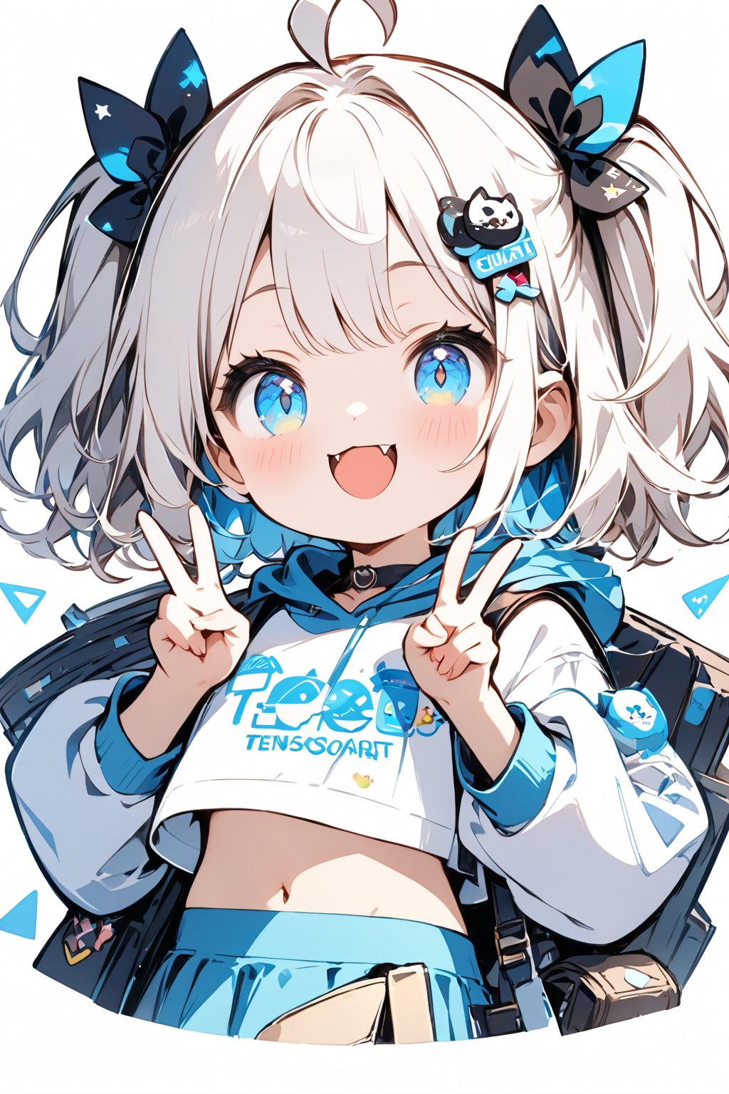 ✧*｡٩(ˊᗜˋ*)و✧*｡The TensorArt-chan//,quality, masterpiece:1.4, detailed:1.4, best quality:1.4,//,1girl,solo,loli,cute,//,(short twintails),two side up,white hair,blue inner hair,ahoge,hair accessories,small chests,blue eyes,beautiful detailed eyes,glowing eyes,navel,//fashion,crop top,white top wear with logos,long sleeves,blue skirt,//,blush,smile,cute_fangs,looking at viewer, straight-on,hands_up,v,v-sign,,//,blue_background,simple_background,close up portrait,upper_body,stickers,outline ,Deformed,sticker,chibi,chibi style,((Chibi character)),top wear with title text read as "TENSORART"