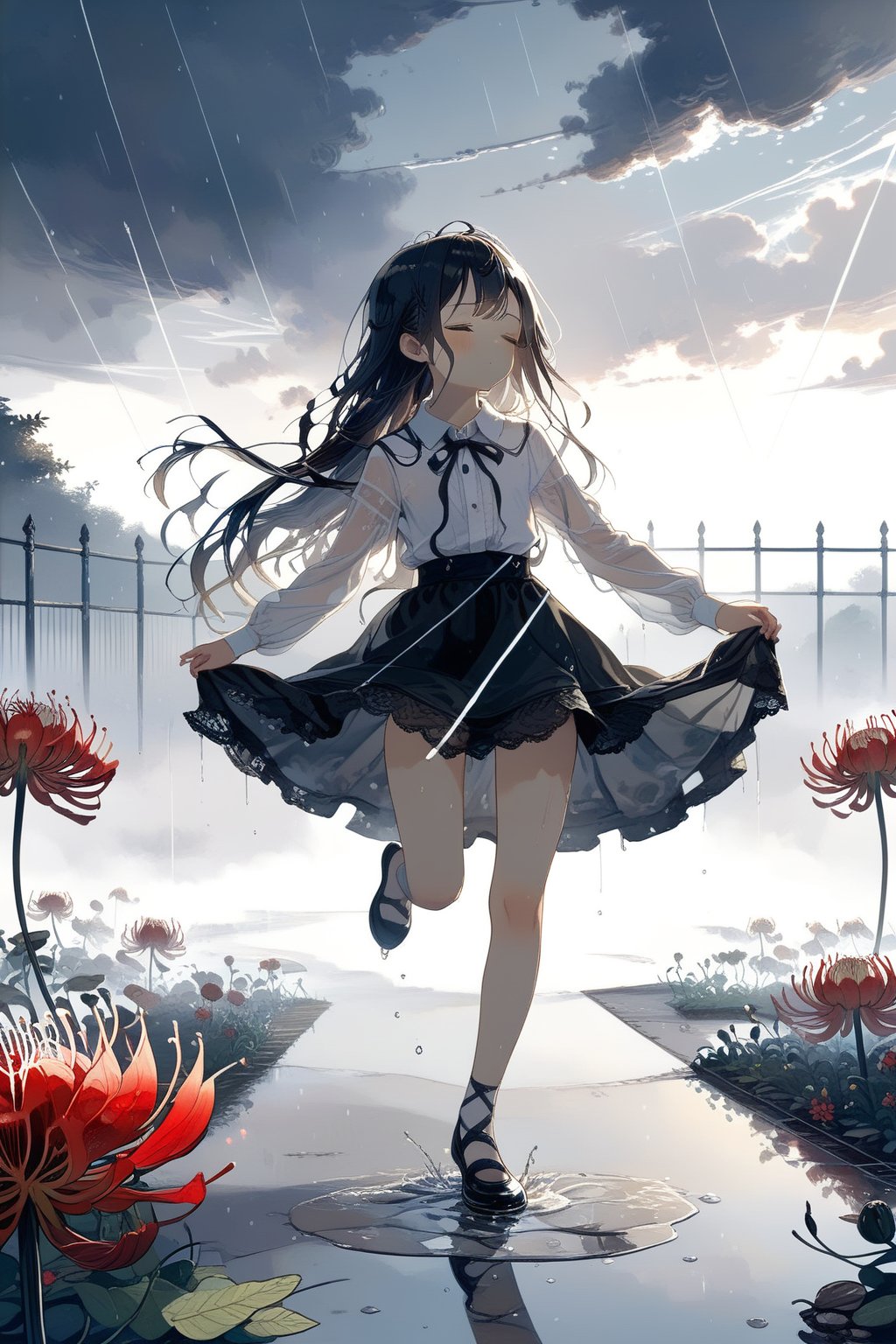 //quality, masterpiece:1.4, detailed:1.4,best quality:1.4,//(heavy raining),night, (cloudy),fog, spider_lily_(flower),(garden),puddle,fence,//,1girl,solo,(loli),//, black_hair,long hair, straight_hair,sidelocks,(closed_eyes),//,(black dress), white shirt,bow,long_sleeves,(white sleeves),black shoes,(wet),wet hair,wet clothes,wet legs,//,closed_mouth, blush,glommy face,//,(dancing),one_leg_raised,//,(straight-on),Deformed,