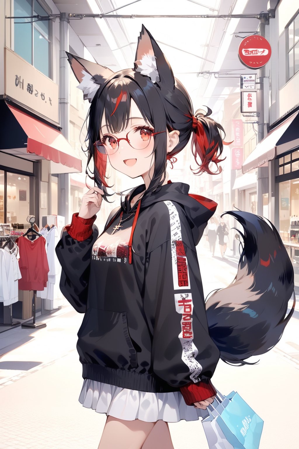 //quality, masterpiece:1.4, detailed:1.4, ,best quality:1.4, //, 1girl, cute,solo focus,Tekeli,//,black fox ears,animal ear fluff,black fox tail,sidelocks,black hair,red inner hair,short ponytail,red eyes,//, fashion,red_glasses,cross_necklace, hoodies,hood down,//,blush,happy,smile,:D, walking, shopping, hands holding shopping_bags, many shopping bags, cowboy_shot, from side,//,ink paint,//,scenery, shops, street, crowd,tenjinbashisuji, real world location, vanishing point, scenery, road, sign, power lines, city, building, storefront, outdoors