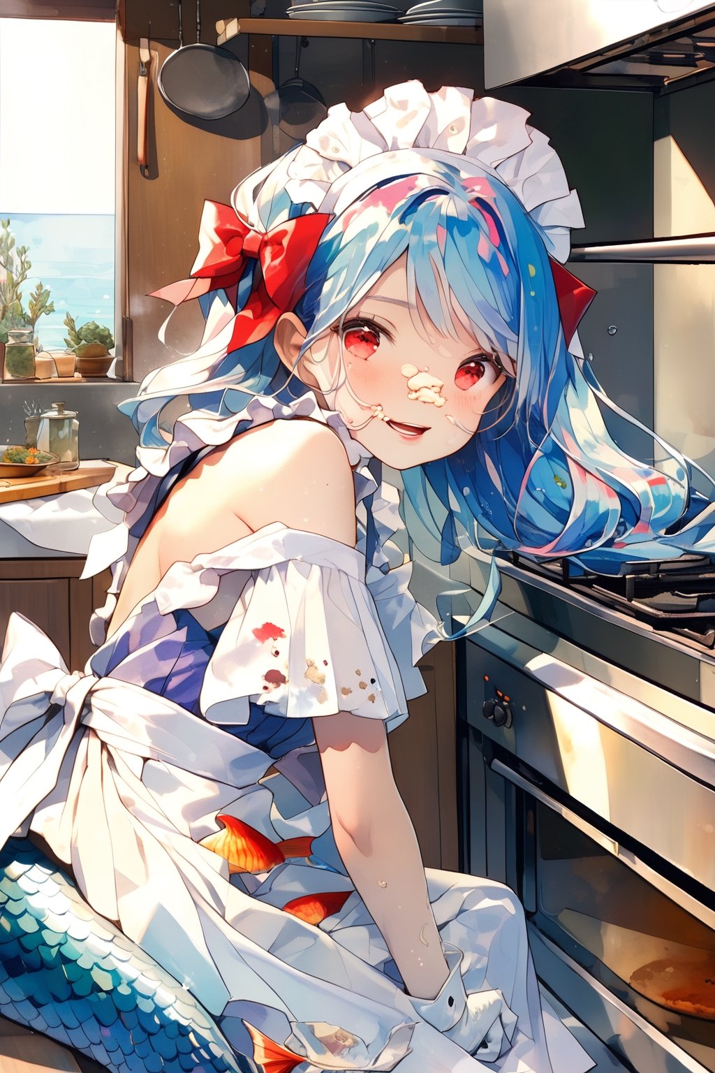 //quality, (masterpiece:1.4), (detailed), ((,best quality,)),//1girl,(mermaid:1.4),(loli:1.3),cute,//,(blue_hair:1.3),ahoge,(long_hair,floating_hair),detailed_eyes,(red eyes:1.2),//,bows,frilled,(white_apron:1.4),(white maid_dress:1.2),(white glove:1.3),(cream_on_face:1.4),//,smiling,blush,teeth,mouth_open,//,(near a oven:1.4),(detailed oven,Metal oven,oven focus:1.4),//,indoors,(kitchen:1.4),cream,detailed room, underwater,bubbles,watercolor \(medium\),upper_body