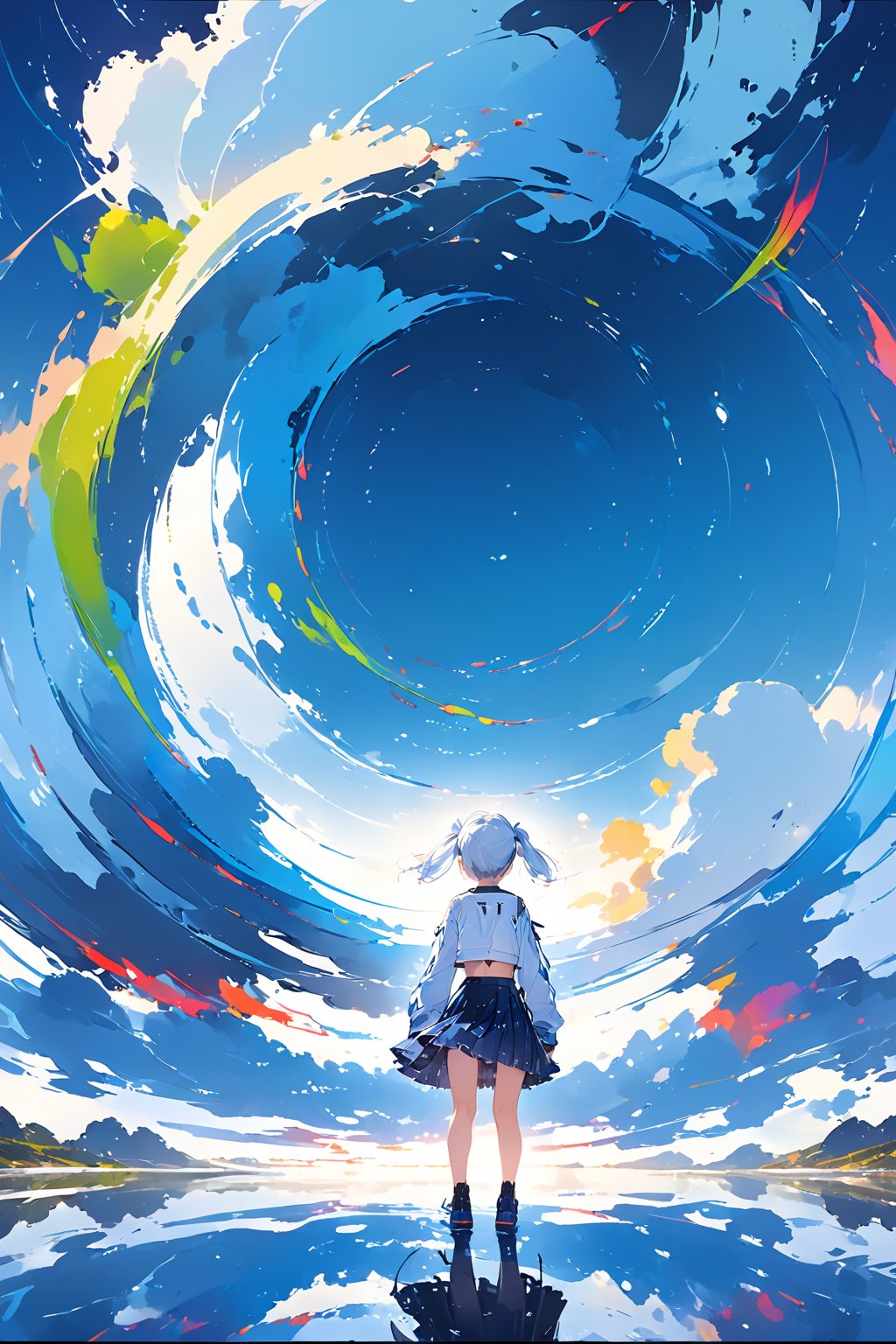 //quality, masterpiece:1.4, detailed:1.14, best quality:1.4,//,sky,reflection,reflection,scenery,horizon,Surreal Elements,glitch,data codes,glitch effect,1girl,short twintails,,white hair:1.3,blue hair:1.1,from behind.white crop top.blue skirt,long sleeves,arm raised up,median furrow,dynamic pose,wide_shot:1.4,mid_shot,vivid colours,ink paint,Colorful art