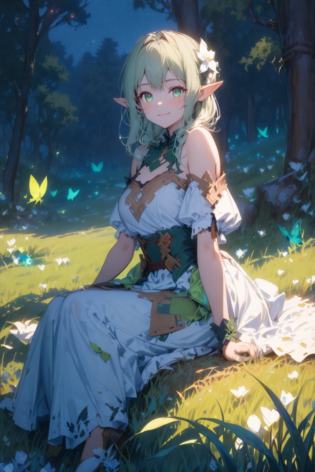 //quality, (masterpiece:1.4), (detailed), ((,best quality,))//,1girl,(elf:1.3),//,light_green_hair,hair_flowers,beautiful detailed eyes,glowing eyes,(green eyes:1.2),//,ethereal clothes,//,light smile,//, sitting on grassland,//, forest, flowers, (firefly:1.3) ,glow,(night:1.21),scenery