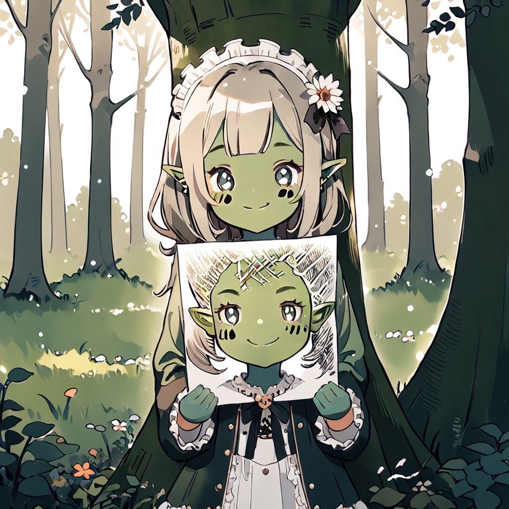 //quality, (masterpiece:1.4), (detailed), ((,best quality,)),//1girl,loli, cute,//,(green pointy_ears:1.3),(,green skin:1.4), medium_hair, straight_hair, green_eyes,//, lolita,//, :>, smiling,//,(holding paper:1.1),//, colorful,forest, flower, plant, leaves, tree,tattoo,face tattoo ,(PaperLikeFace :1.4),PaperLikeFace,cute knight