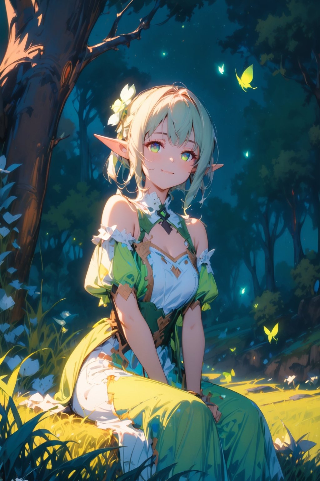 //quality, (masterpiece:1.4), (detailed), ((,best quality,))//,1girl,(elf:1.3),//,light_green_hair,hair_flowers,beautiful detailed eyes,glowing eyes,(green eyes:1.2),//,ethereal clothes,//,light smile,//, sitting on grassland,//, forest, flowers, (firefly:1.3) ,glow,(night:1.21),scenery