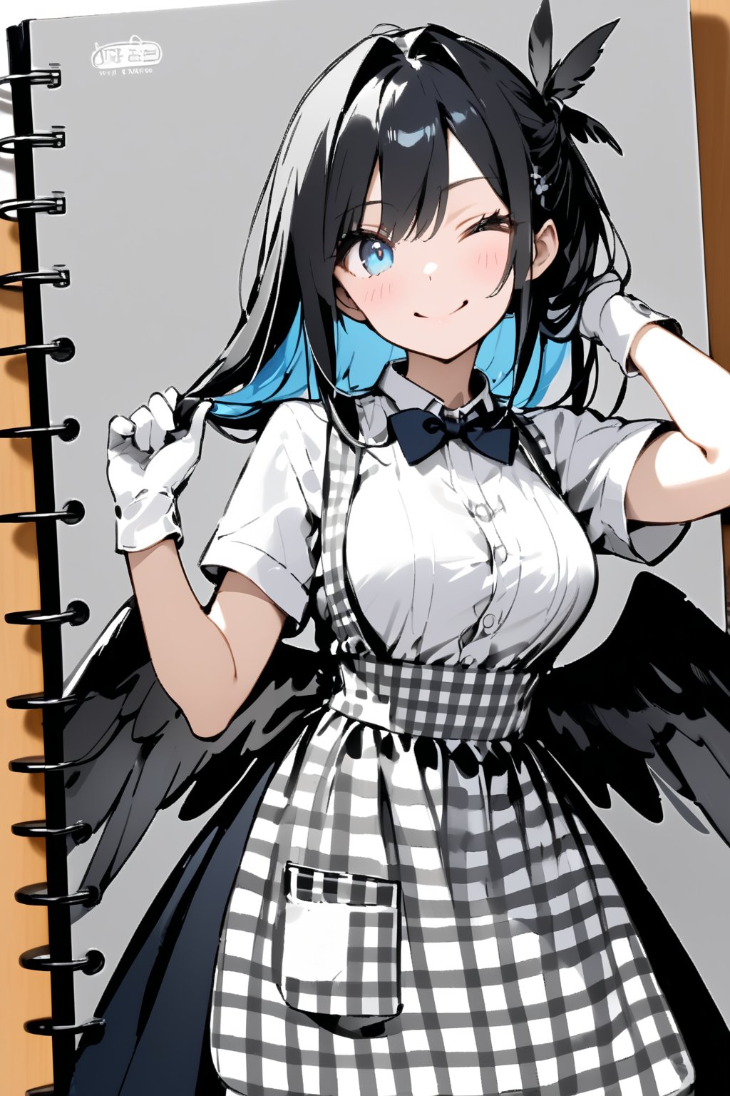 //quality, masterpiece:1.4, detailed:1.4, ,best quality:1.4,//,1girl,solo, waitress,//,black_hair,hair intakes,short hair with long locks,blue inner hair, detailed eyes, glowing eyes, darkblue eyes,(large chest),(black wings),big wings,feather_wings, detailed wings,//, bow, bowtie, white shirt, short sleeves, apron, gingham apron, employee uniform, high-waist skirt,white gloves,//,blush, smile,looking_at_viewer,head_tilt,wince,winking,;),//,hands_raised,adjusting_hair,close-up portrait,//,paper drawing on Sketch book,(Sketch),rough stretch,(Gray scale),(Monochrome),Pencil sketch,flat style,kobeya uniform