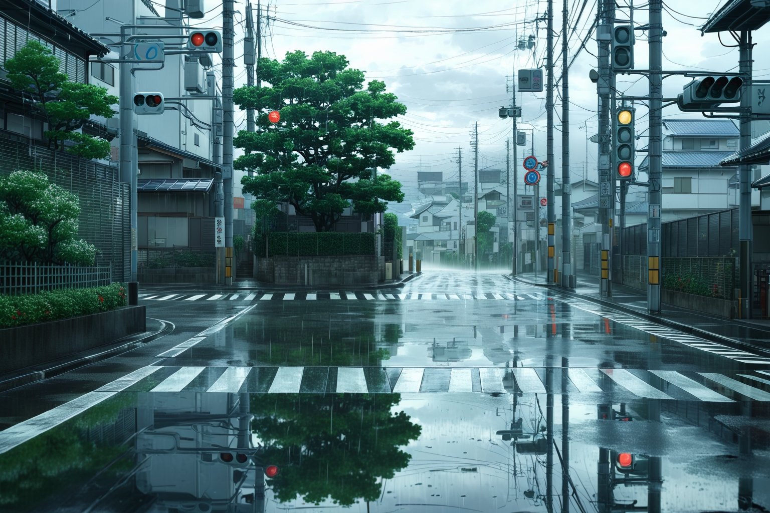 //quality, (masterpiece:1.4), (detailed), ((,best quality,)),//(heavy raining:1.3),cloudy,town, horizon,road,scenery,(flowers:1.4),fog,fence,trees,leaf,plant,reflection,spring,japan,traffic light,Pedestrian Signals