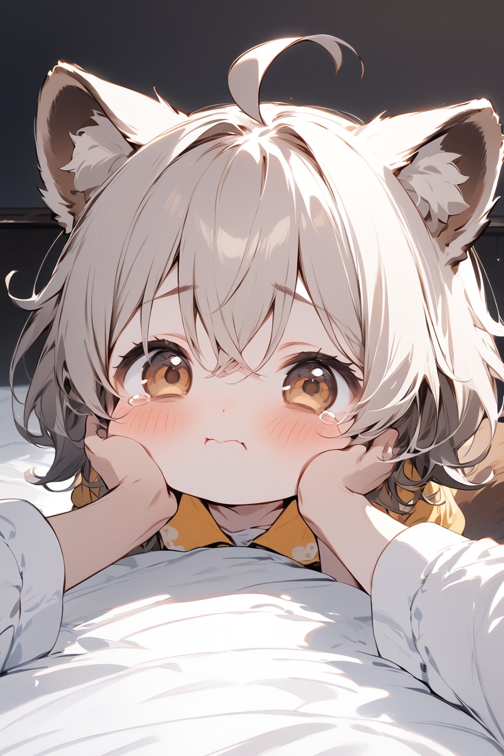 score_9, score_8_up, score_7_up,//quality, masterpiece:1.4, detailed:1.4,best quality:1.4,//,1girl,solo,//,raccoon girl,gray raccoon ears,gray raccoon tail, animal ear fluff,gray hair, messy hair,ahoge, medium hair, brown eyes,detailed eyes,//,hair_accessories,accessories,pajamas,//,blush,hold back one's tears, wavy_mouth,bags_under_eyes,(bags under eyes),//,kneeling on bed,//,indoor,dark background, bedroom,face focus,chibi,tearing up,cheek pinching, pov hands,pov,(pov girl hand with pale skin),pov hand with white sleeves,from_above,pov girl hand holding cheek,(puffy cheeks),cheek squash, hands on another's face, hands on another's cheeks, solo focus, white blanket 