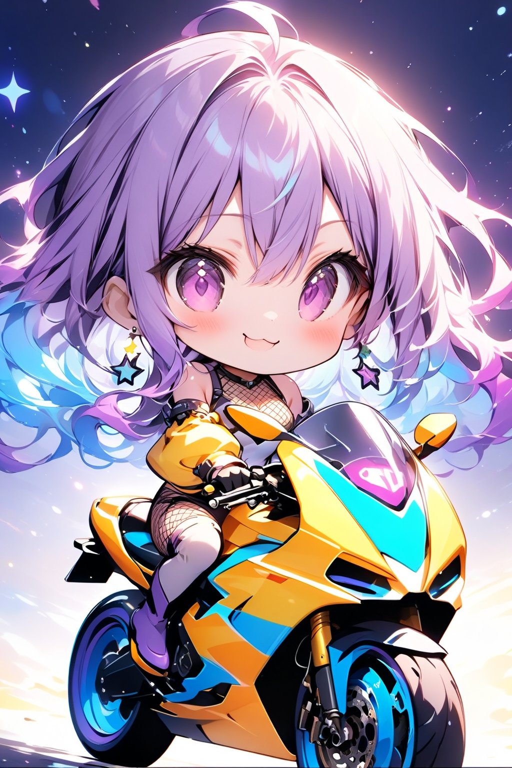 //quality, masterpiece:1.4, detailed:1.4, ,best quality:1.4, //,1girl,solo,(chibi),//, ((purple_hair)), (blue hair),(((gradient hair))), long hair, wavy hair,detailed eyes, glowing eyes, purple eyes: 1.3,shoulders,large chests,//, goggle on head: 1.1, earrings,yellow jacket, leotard, detached sleeves, (fishnets), thigh boots,//, blush,smile,mouth_open, >3<,(xd),XD face,//, yellow motorcycle, riding motorcycle, detailed motorcycle,(pov motorcycle),from_side, //,neon lights glow in the dark,starry_night,star_background,star_(symbol) ,night,blurry_background,backlighting,vibrant colors,Colorful art,ink paint,((Chibi character))