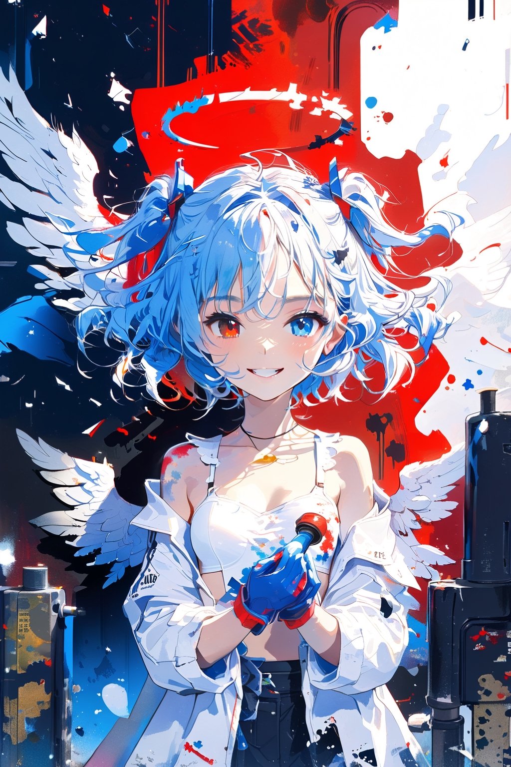 [Angel 😇 TensorArt-chan:0.00]//quality, (masterpiece:1.331), (detailed), ((,best quality,)),//,//,1girl,solo,loli,//,(short twintails:1.331),(white hair:1.3),(blue hair:1.2),(colored inner hair:1.4),ahoge,glowing_hair,(halo:1.331),hair_accessories,(covered small_breasts:1.331), beautiful detailed eyes,glowing eyes,(blue eyes:1.21),(red eyes:1.1),(heterochromia:1.4),//,fashion,white jacket with logos,white crop top,blue bottom wear,red and blue gloves,(Angel_wings:1.331),//,(smile:1.331),(cute_fangs,),facing at viewer,//,(((girl holds a huge paint roller in her hands))),wall painting about devil and angel,(hands_up),,(wall:1.331),(back_against_wall),//(glitch effect: 1.331),(puzzle),straight-on,//,scenery,ink,
