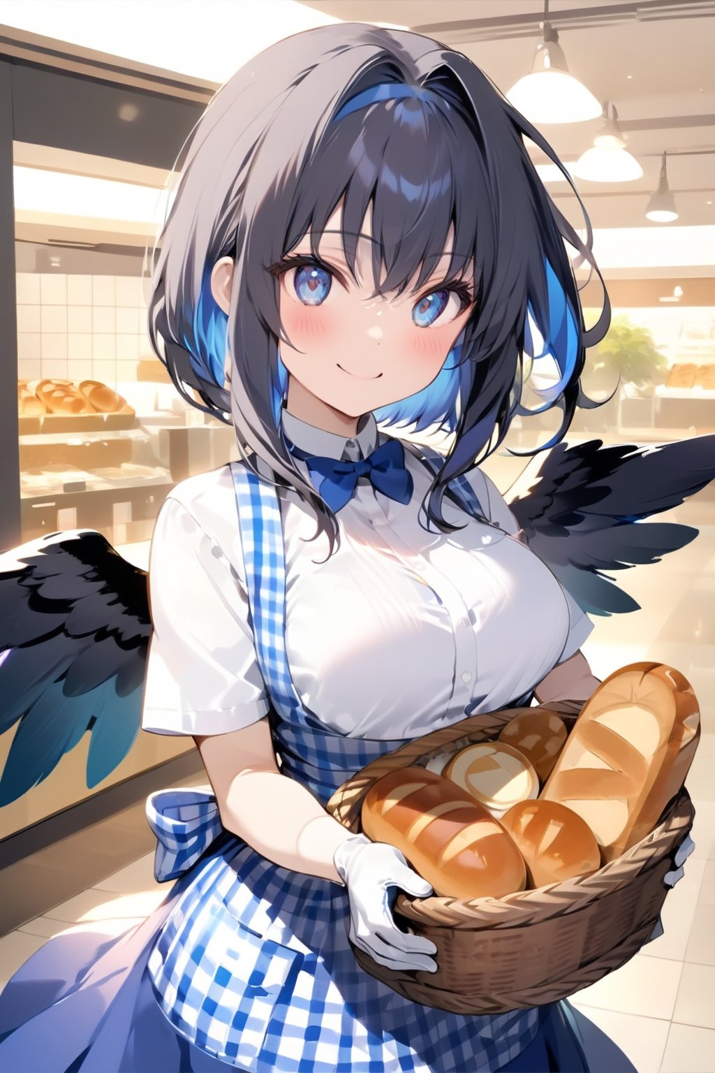 //quality, masterpiece:1.4, detailed:1.4, ,best quality:1.4,//,1girl, waitress,//,black_hair,hair intakes,short hair with long locks,blue inner hair, detailed eyes, glowing eyes, darkblue eyes,large chest,(black wings),feather_wings, detailed wings,//, high-waist skirt, employee uniform, gingham apron, blue apron, blue skirt, short sleeves, white shirt, blue bowtie,blue bow,white gloves,//,blush, smile,//, walking,holding basket of bread, cowboy_shot,//,vibrant colors,ink paint,Colorful art,KRU, indoors,(bread shop),