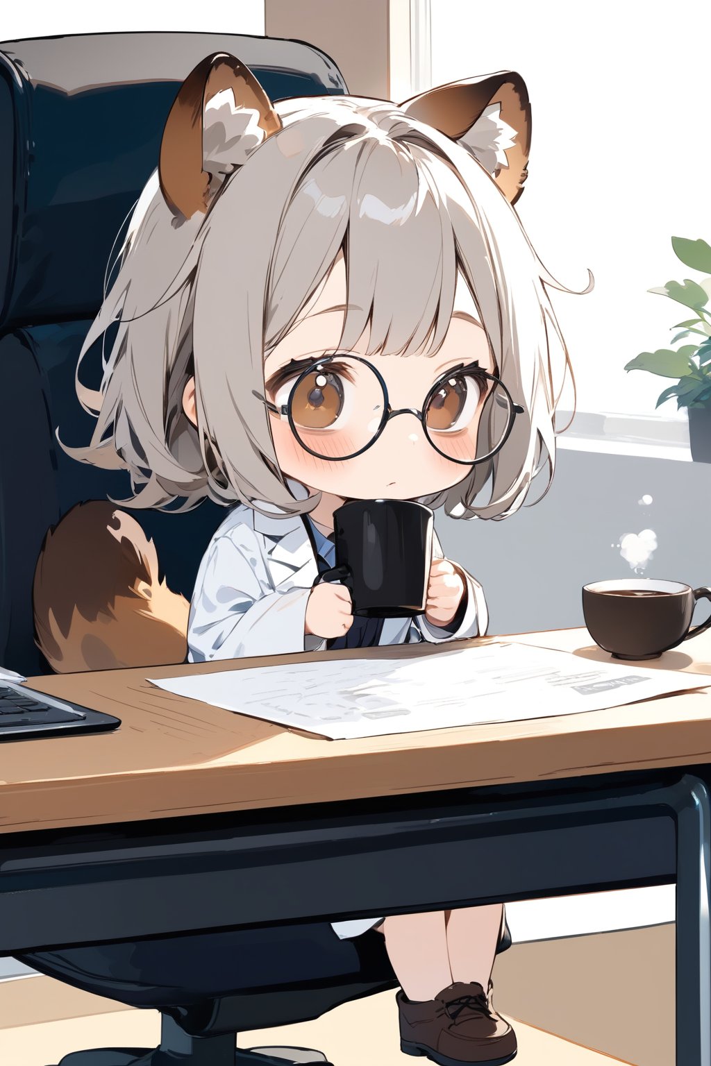 //quality, masterpiece:1.4, detailed:1.4,best quality:1.4,//,1girl,solo,//,raccoon girl,raccoon_ears,raccoon_tail,,gray hair, messy hair, medium hair, brown eyes,detailed eyes,//,hair_accessories,accessories,(round glasses),scientist,white lab coat,//,blush,sleepy,(bags under eyes),//,sitting, drinking hot coffee,//,indoor,desk, chair,office,leaf,plant,Deformed,