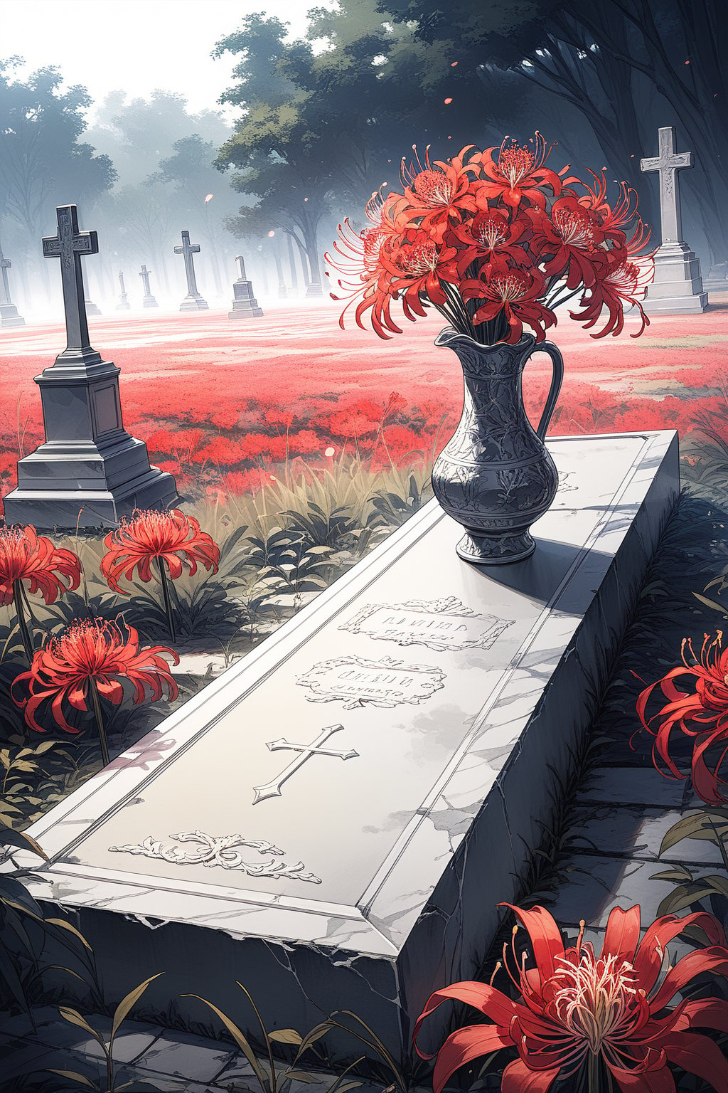 //quality, masterpiece:1.4, detailed:1.4,best quality:1.4,//,(grave) and (vase) with spider_lily_(flower),//,outdoors,,no humans