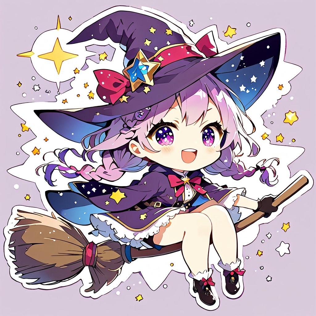 //quality, (masterpiece:1.3), (detailed), ((,best quality,)),//,illustration,//,(1girl),solo,(chibi:1.4),loli,(wizard:1.3),//,(purple hair:1.3),(twin braids:1.3),detailed eyes, purple eyes,(,glowing_eyes,sparkling_eyes:1.3),//,wizard costume,ribbons,brooch,gloves,stockings,//,blush,smile,mouth_open,teeth,//(,astride on magic broom:1.4),//,purple background,star,star_(symbol),starry, (stickers:1.3),sticker,outline