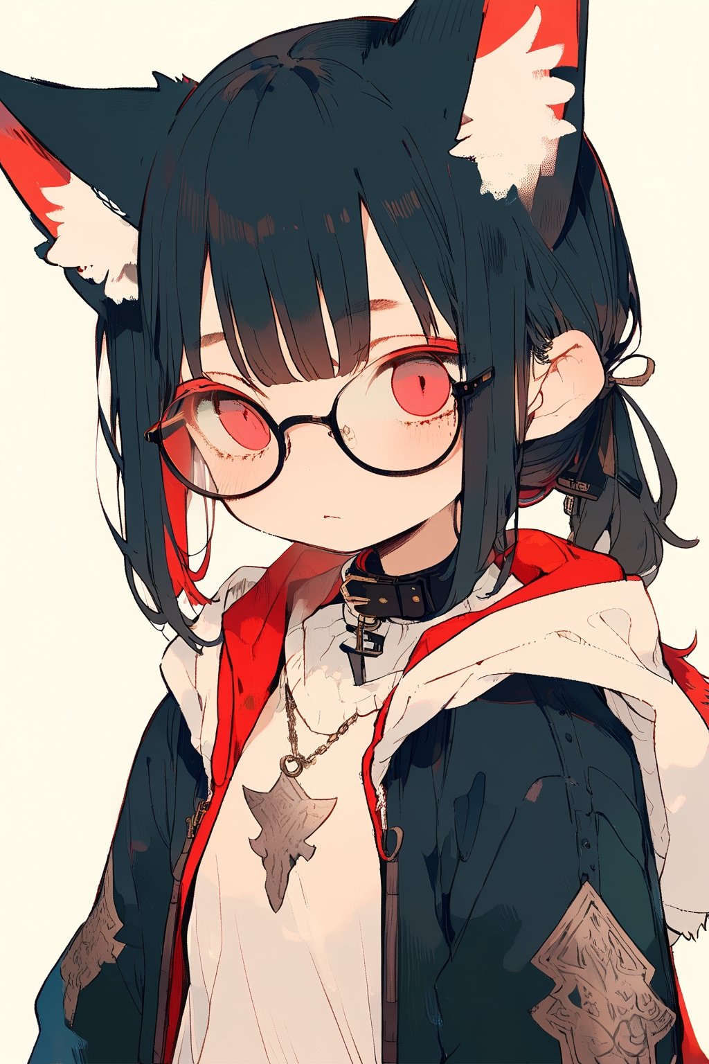 //quality, (masterpiece:1.331), (detailed), ((,best quality,)),//, comic,/,1girl,solo,cute,loli,//,(black fox ears:1.331),animal ear fluff,hairstyle, (black hair:1.21),(red hair1.1),(colored inner hair:1.331),(short ponytail:1.1),sidelocks, ((red spiral eyes:1.3)),(bags_under_eyes:1.4),(glasses:1.3),(,flat_breasts,),fashion,hood,cat_collar,//, sleepy,//,looking_at_camera,upper_body,(straight-on:1.331),//,emo,kawaii knight