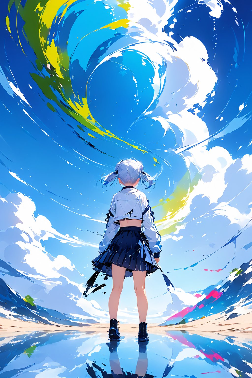 //quality, masterpiece:1.4, detailed:1.14, best quality:1.4,//,sky,reflection,reflection,scenery,horizon,Surreal Elements,glitch,data codes,glitch effect,1girl,short twintails,,white hair:1.3,blue hair:1.1,from behind.white crop top.blue skirt,long sleeves,arm raised up,median furrow,dynamic pose,wide_shot:1.4,mid_shot,vivid colours,ink paint,Colorful art