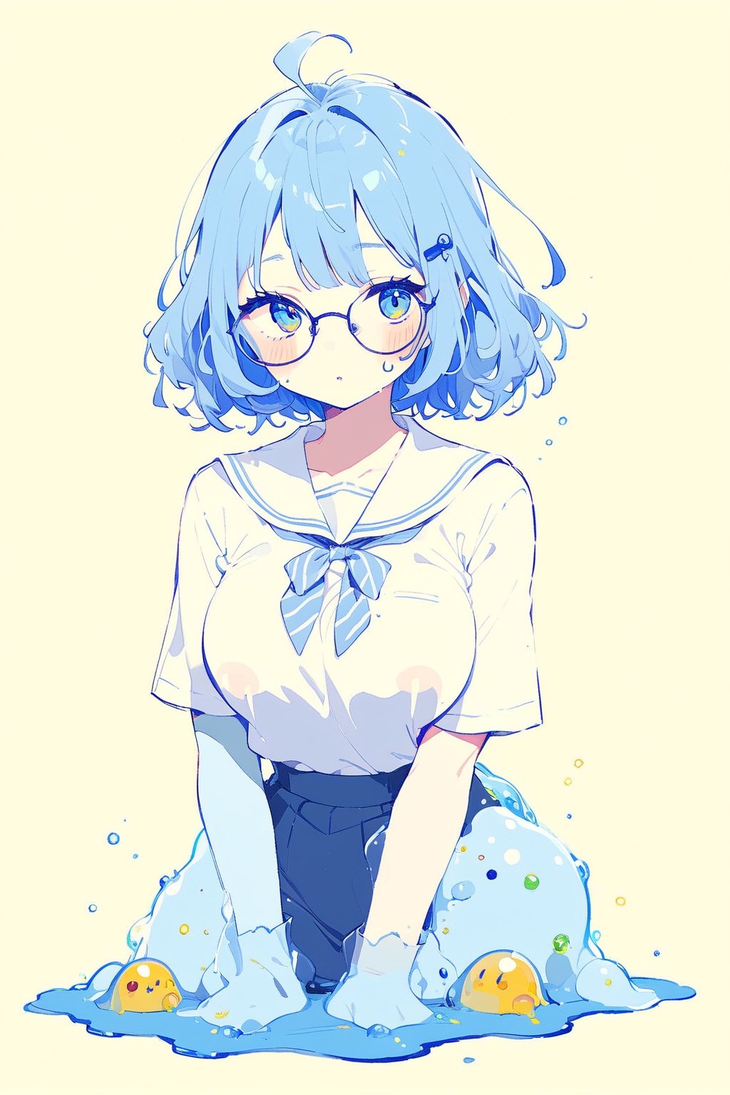 //quality, (masterpiece), (detailed), ((,best quality,)),//1girl,((slime_girl|slime_body|colored_skin|blue face|blue skin)),hairstyle, blue hair, twin drills,sidelocks, light blue eyes, detailed eyes,big eyes,ringed eyes, (large_breasts), (round glasses),hair_accessories,candies accessories, candies,((smike),striped ,pink striped school_uniform,pink sailor collar, classroom, ,cowboy_shot,/,aesthetic,cute,more detail XL,cute comic,acidzlime