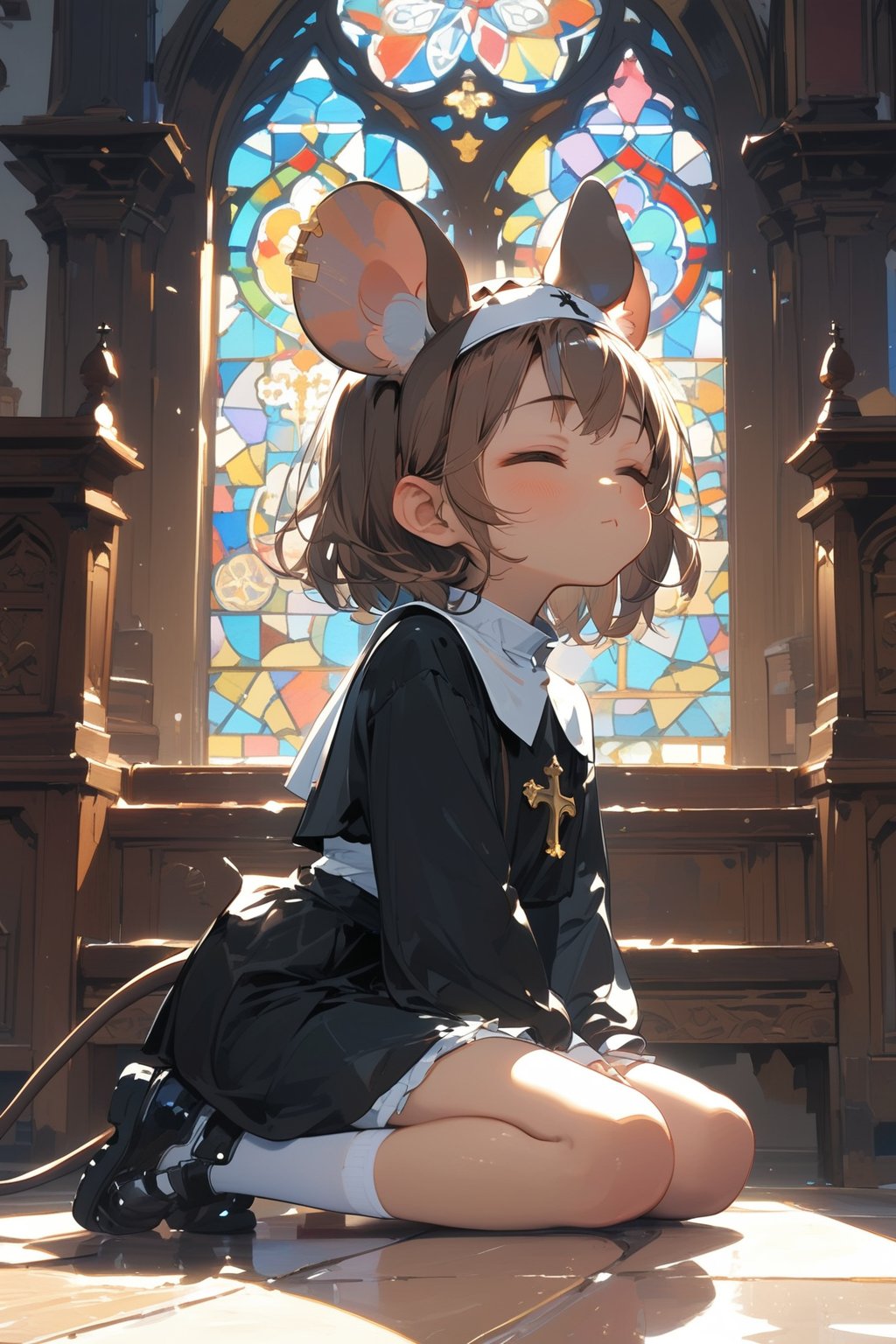 //quality, masterpiece:1.4, detailed:1.4,best quality:1.4,//,1girl,solo,loli,//, brown mouse_ears,mouse_tail,animal ear fluff, medium hair, brown hair, closed_eyes,//, black nun headscarf,(black nun costume),white thighhgihs,shoes_off,//,closed_mouth,//,kneeling, praying,own hands clasped,from_side,//,indoor, church ,stained glass,carved woodwork,dal-6 style