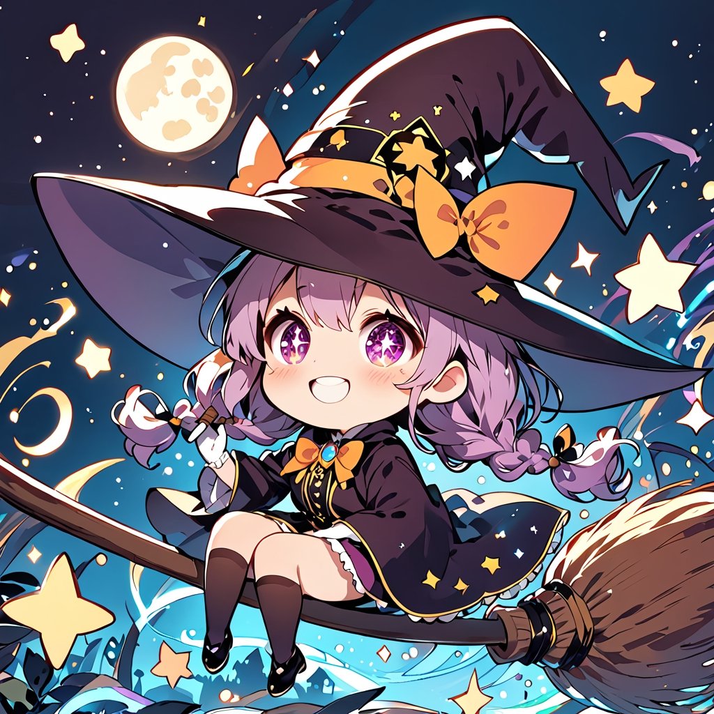 //quality, (masterpiece:1.3), (detailed), ((,best quality,)),//,illustration,//,(1girl),solo,(chibi:1.4),loli,(wizard:1.3),//,(purple hair:1.3),(twin braids:1.3),detailed eyes, purple eyes,(,glowing_eyes,sparkling_eyes:1.3),//,wizard costume,ribbons,brooch,white gloves,stockings,//,blush,smile,mouth_open,teeth,//(,astride on magic broom:1.4),//,(night:1.3),moonlight,stars,star_(symbol),firefly,magic_broom,(stickers:1.3),sticker,outline