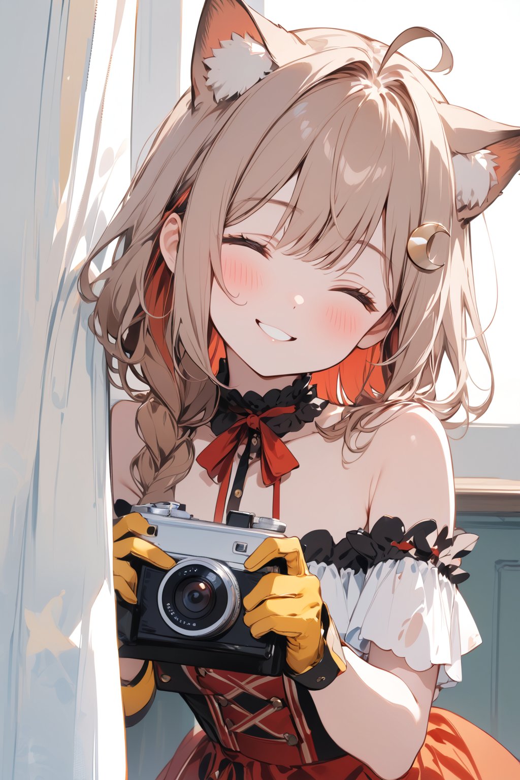 //quality, masterpiece:1.3, detailed, ,best quality, //,cute,solo,1girl,//,brown cat ears,animal ear fluff,(light_brown hair),(red inner hair), straight bangs: 1.4,,long_hair,single braid :1.4,Ahoge,closed_eyes,medium chest,//, yellow hairpin,crescent-shaped hairpin:1.4,off_shoulders,large red ribbon,fashion,thigh strap,frilled stocking,gloves,//,blush,smile, looking_at_viewer,//, peeking out, curtains,(holding camera), squatting,//,indoors,close_up portrait ,peeking out upper body