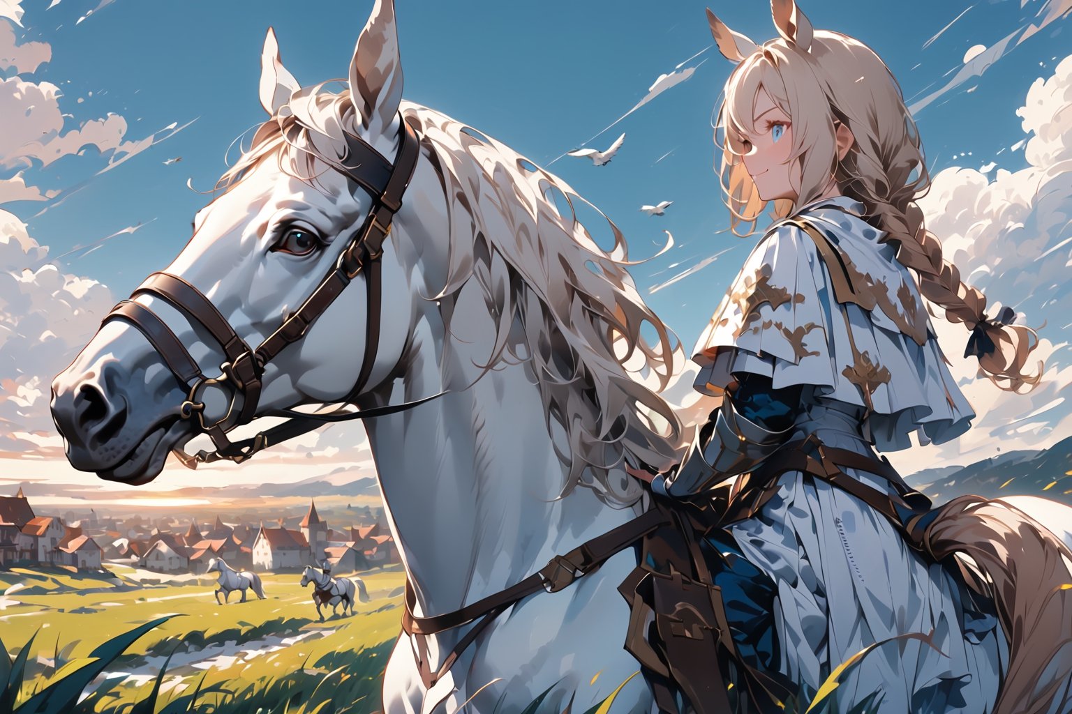 //quality, (masterpiece:1.331), (detailed), ((,best quality,)),//,(1girl),(solo),royal knight,(horse_girl:1.3),//,(blonde_hair:1.3),hairstyle, long hair, ((,single braid,)),(horse_ears:1.2),(horse_tail:1.2), detailed eyes, blue_eyes,//,(detailed white armor:1.1),armored dress,(white cloak),black pantyhose//, (smile, serious,looking_back,looking_over_shoulder,)//, (white horse, riding white horse:1.4),//, town, grassland,wind effect,scenery,(from_side:1.4),(sunset),bird,